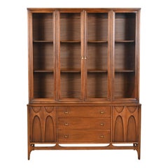Broyhill Brasilia Sculpted Walnut Breakfront Bookcase or China Cabinet, 1960s