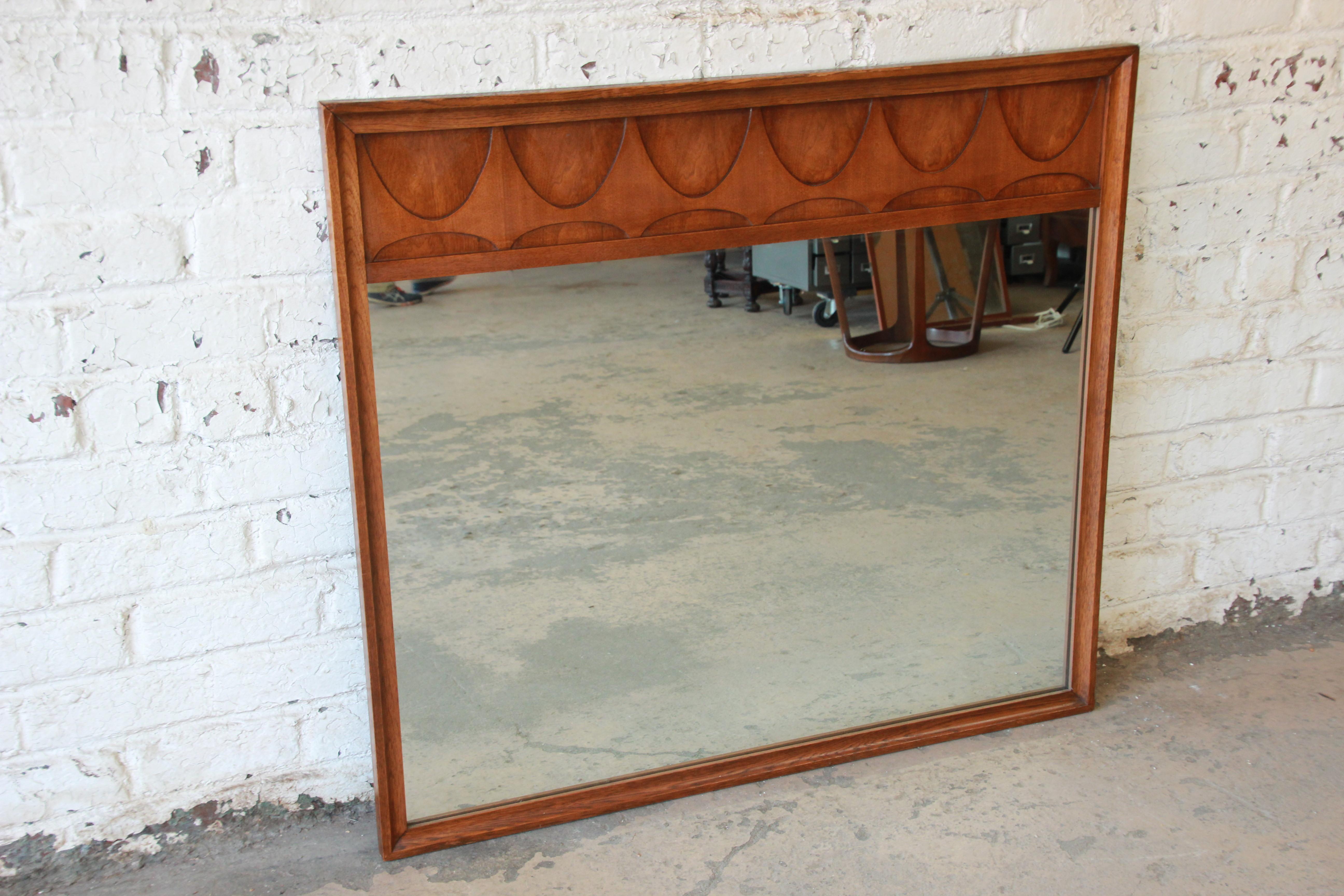 Broyhill Brasilia Sculpted Walnut Mid-Century Modern Framed Mirror In Good Condition In South Bend, IN