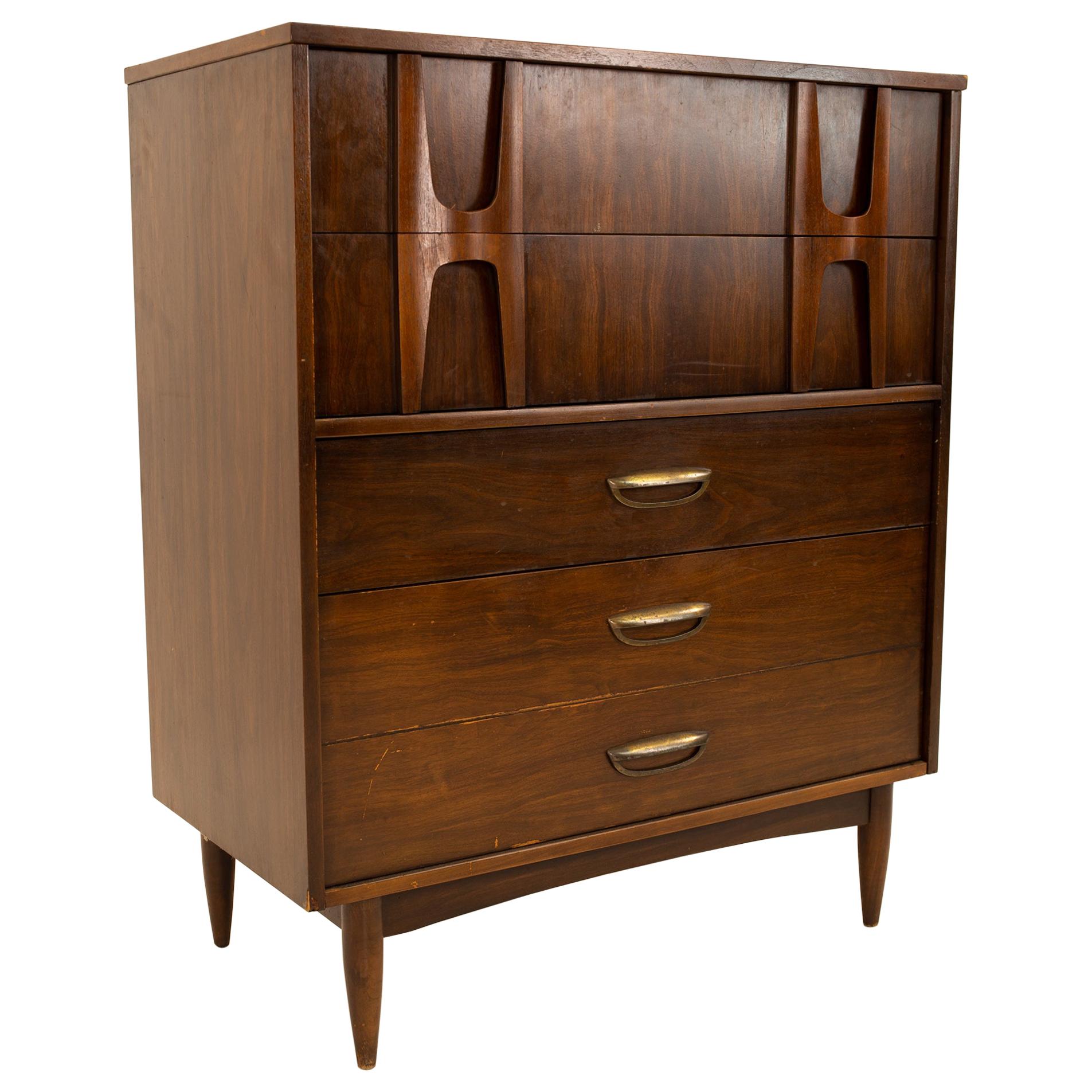 Broyhill Brasilia Style Brutalist MCM Dark Walnut 5 Drawer Highboy