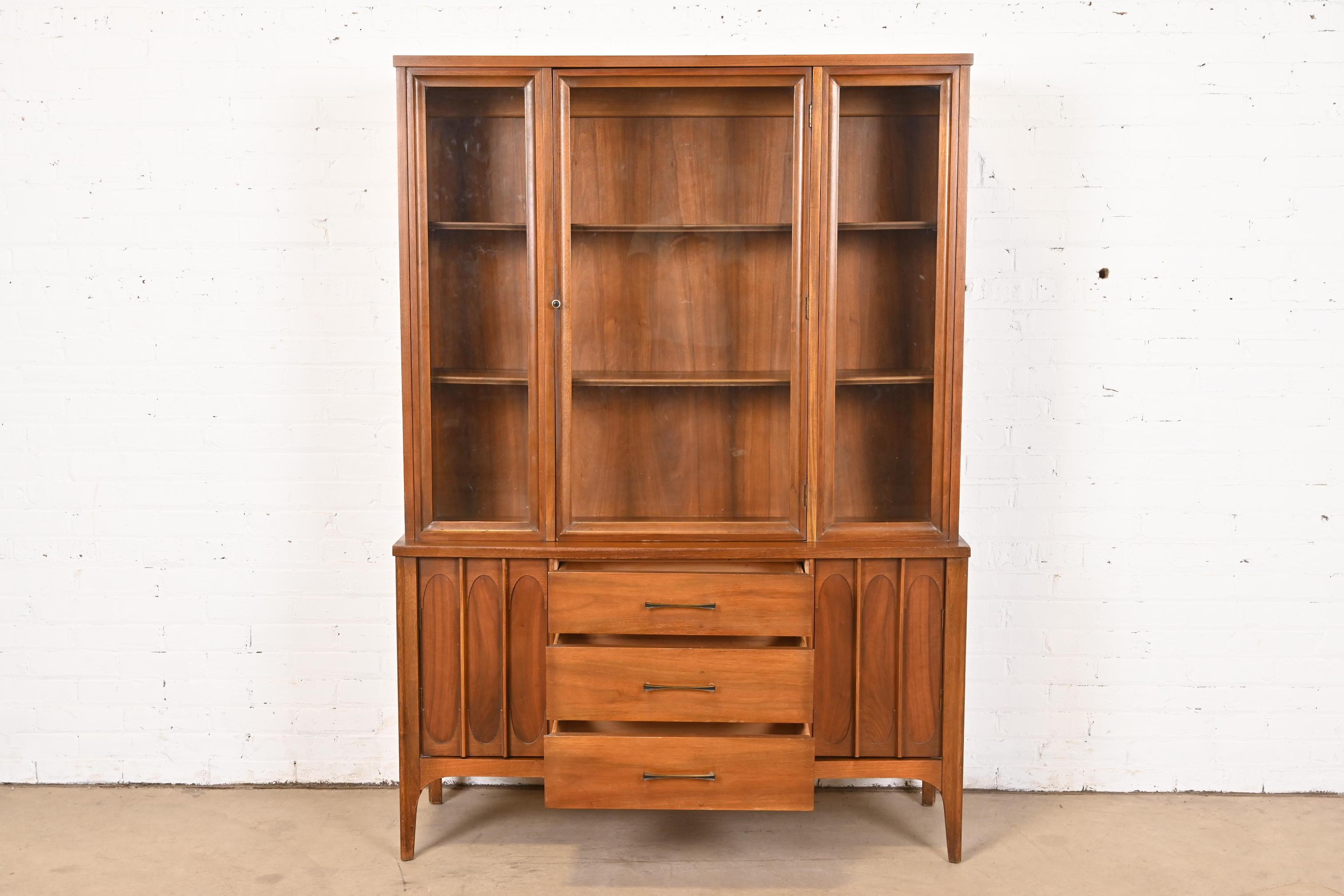 Broyhill Brasilia Style Sculpted Walnut Breakfront Bookcase or China Cabinet 4