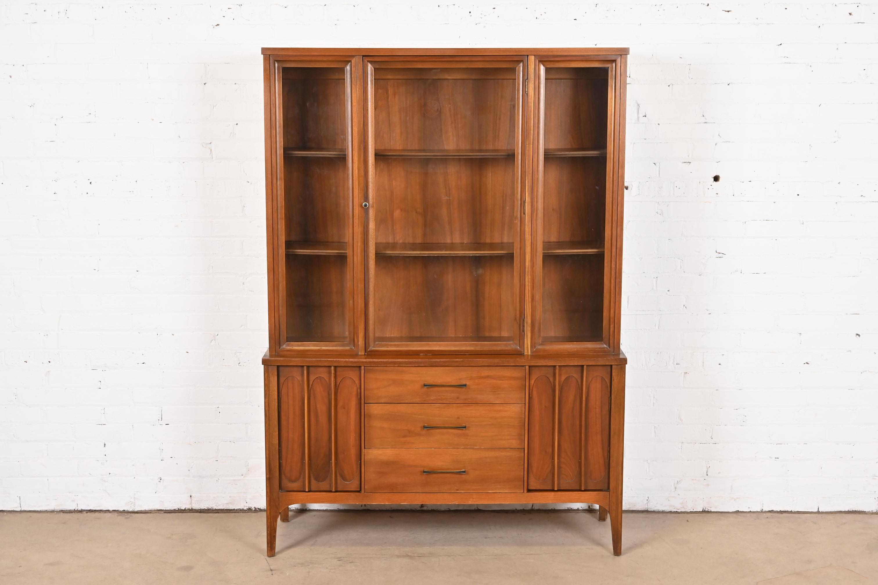 Mid-Century Modern Broyhill Brasilia Style Sculpted Walnut Breakfront Bookcase or China Cabinet