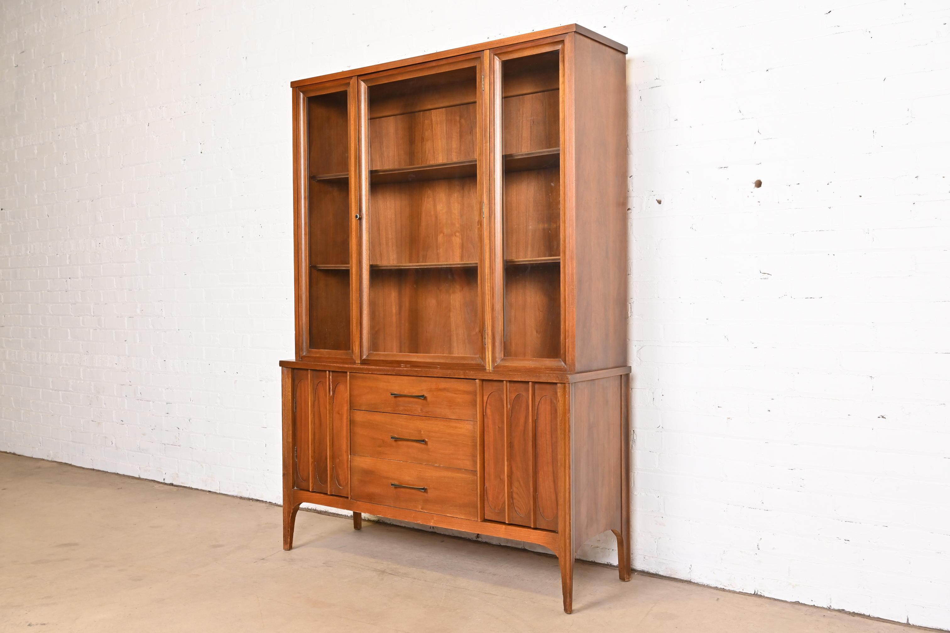American Broyhill Brasilia Style Sculpted Walnut Breakfront Bookcase or China Cabinet