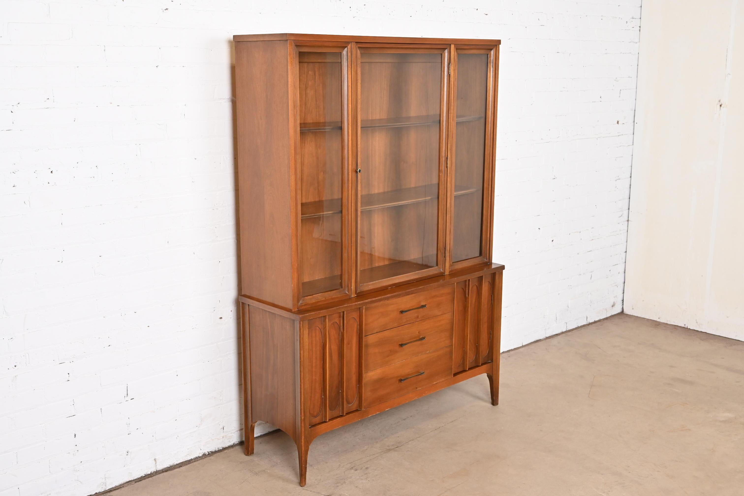 Broyhill Brasilia Style Sculpted Walnut Breakfront Bookcase or China Cabinet 1
