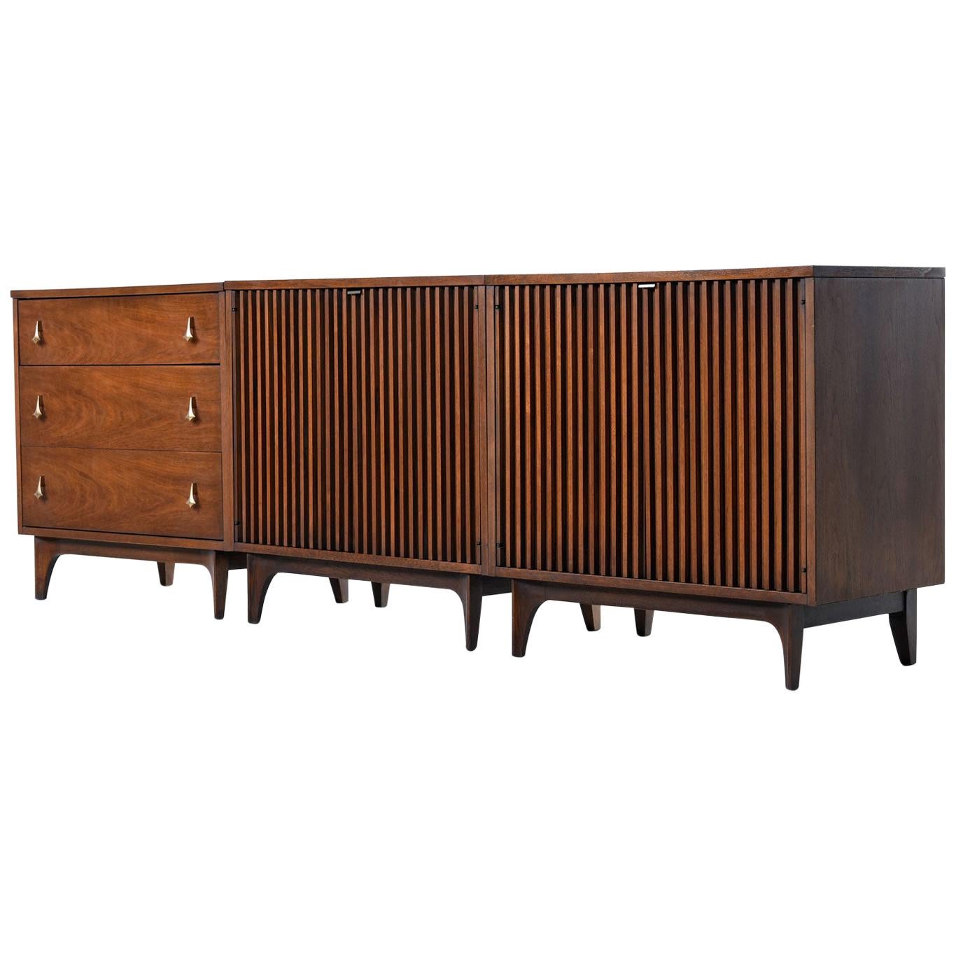 Stand all three cabinets side by side in any arrangement to create one massive credenza or break them up as individuals or pairs. The modular possibilities allow them to work seamlessly in nearly any room. This 3-piece set was delicately restored to