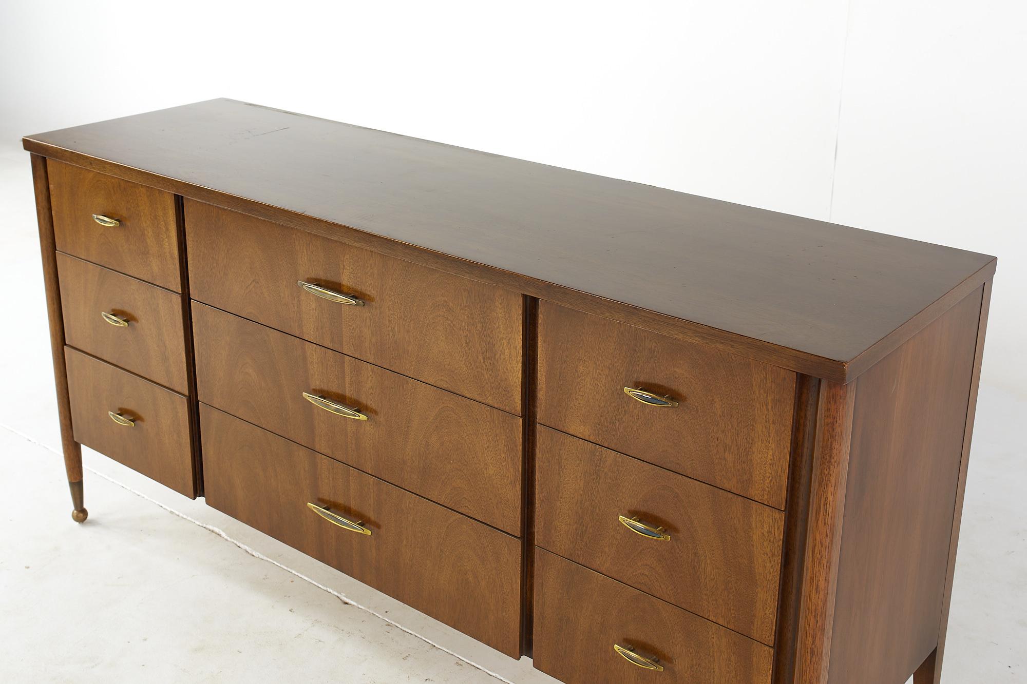 Mid-Century Modern Broyhill Cerama Mid Century Brass and Walnut Lowboy Dresser