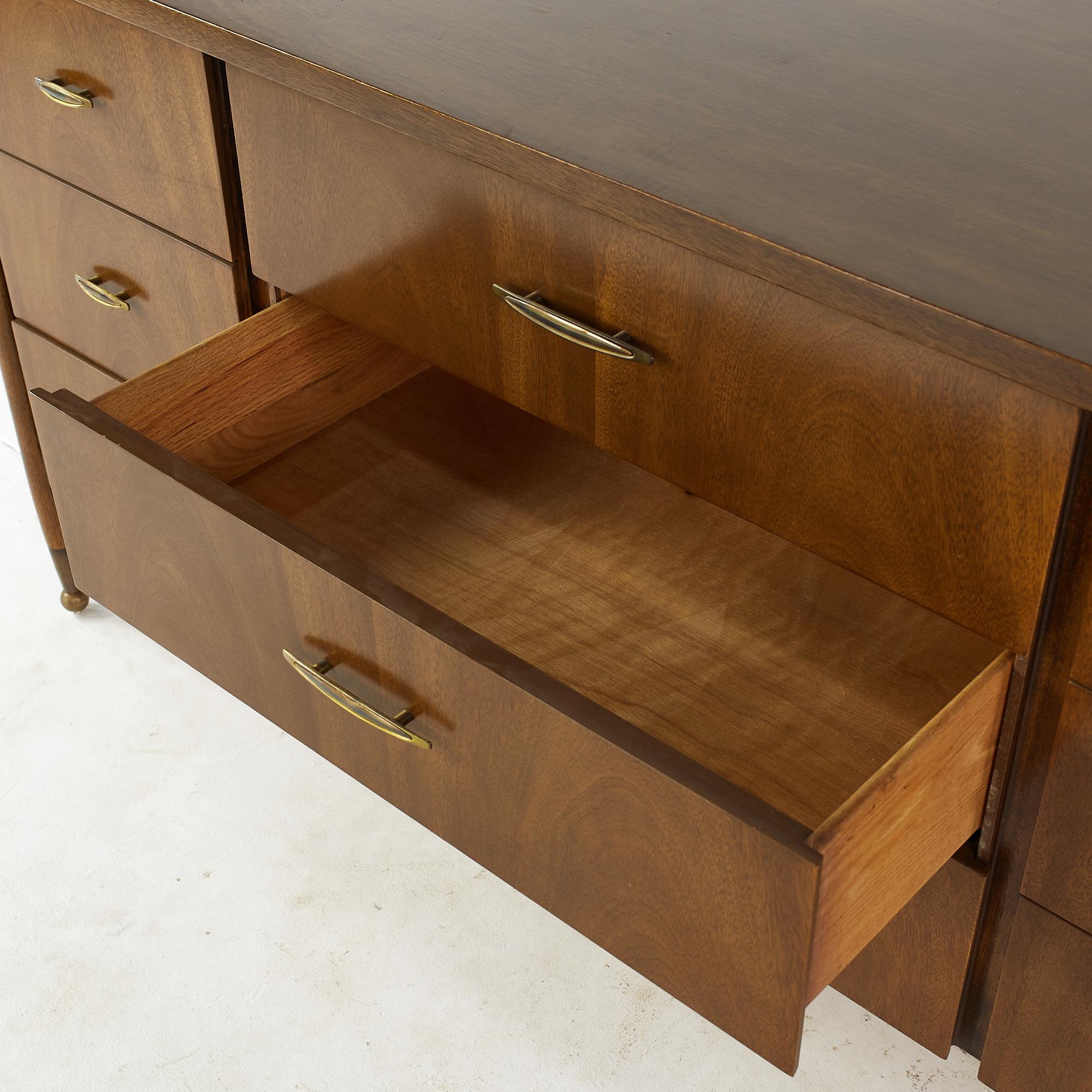 American Broyhill Cerama Mid Century Brass and Walnut Lowboy Dresser