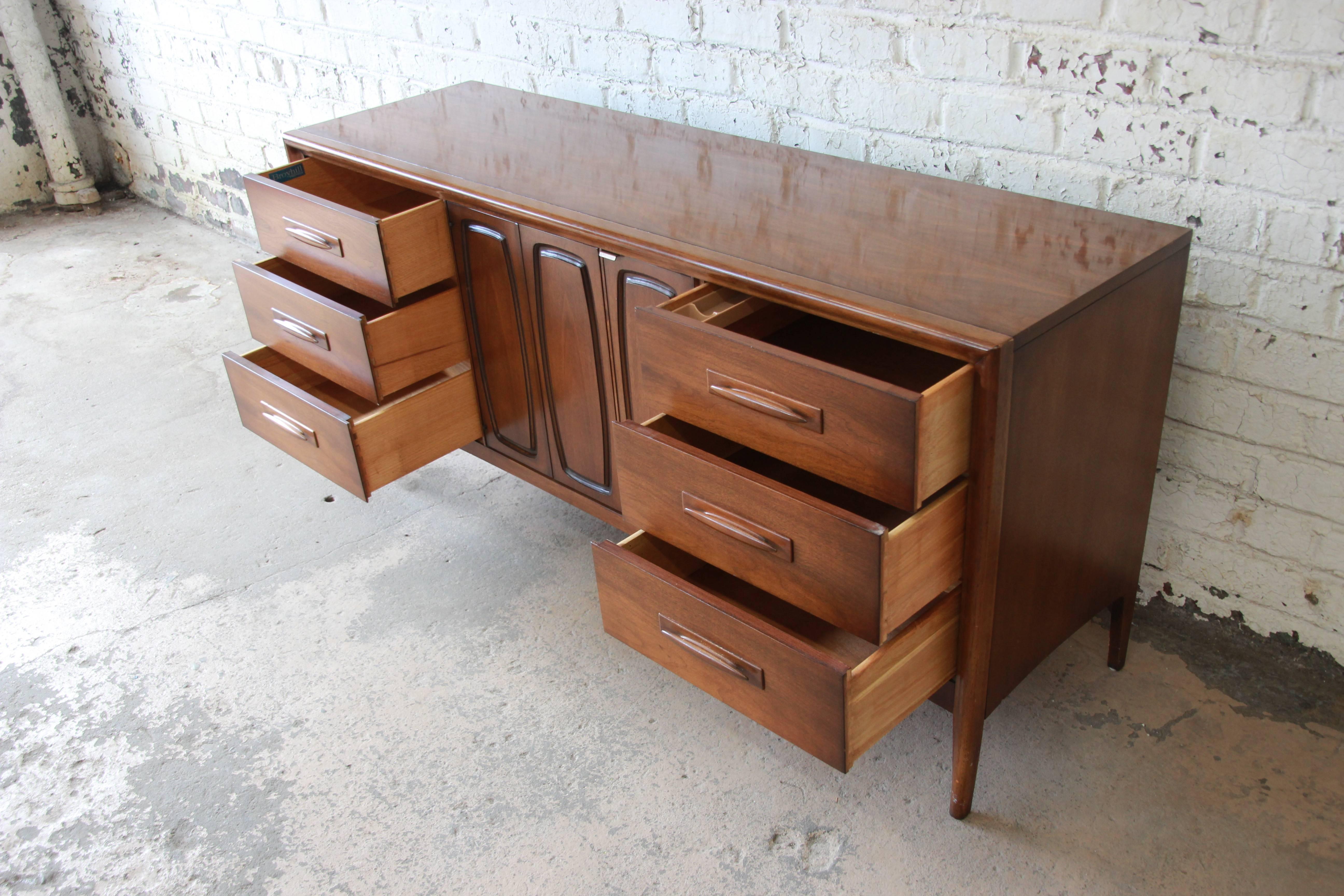 Broyhill Emphasis Mid-Century Modern Sculpted Walnut Credenza or Triple ...