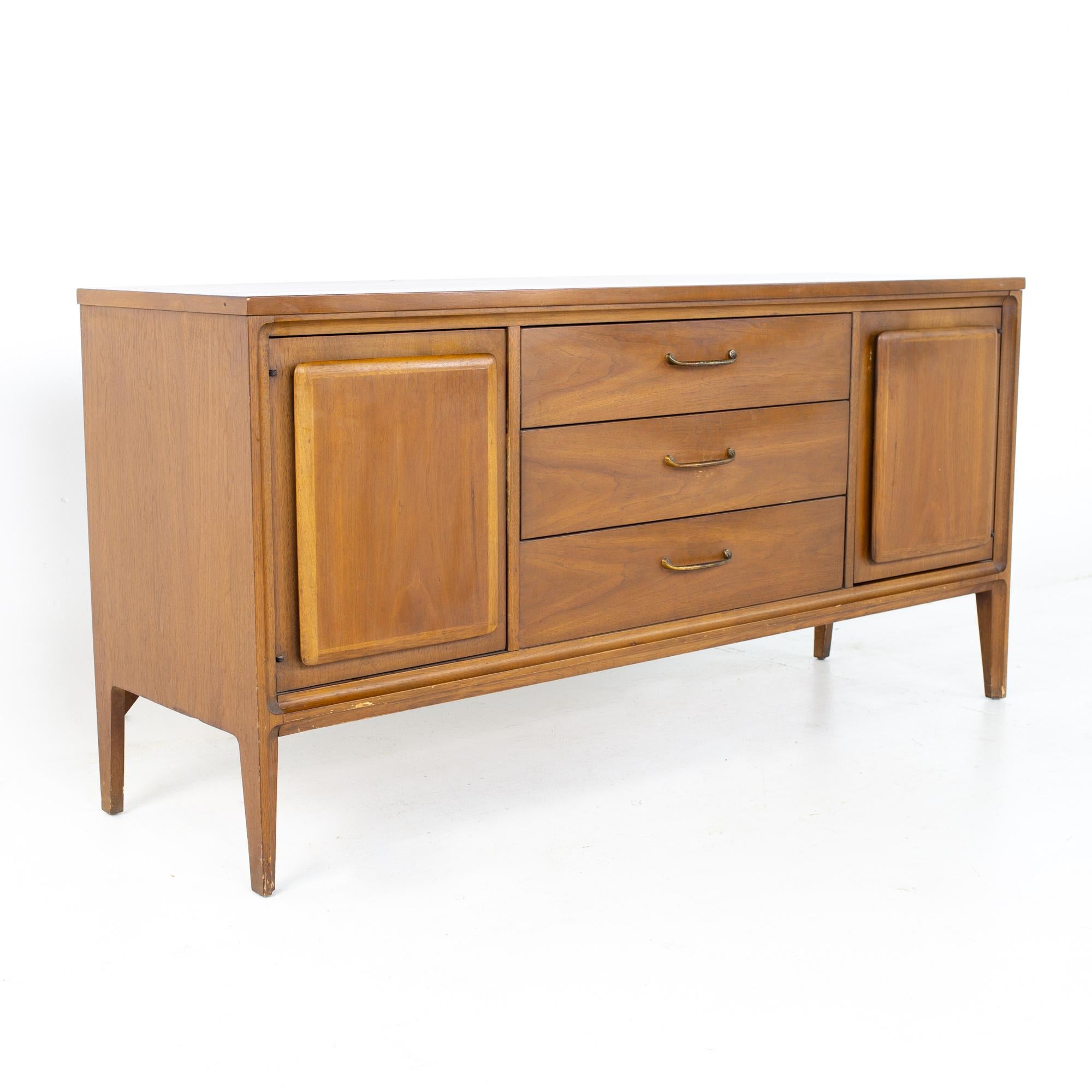 Brass Broyhill Forward '70 Mid Century Walnut Sideboard Credenza Buffet and Hutch