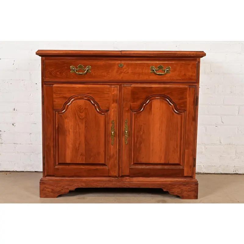 American Broyhill Georgian Carved Cherry Wood Flip Top Bar Cabinet or Buffet Server For Sale