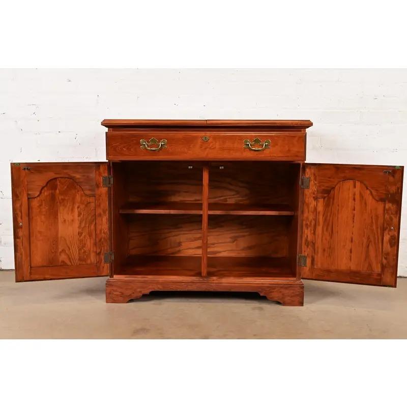 Brass Broyhill Georgian Carved Cherry Wood Flip Top Bar Cabinet or Buffet Server For Sale