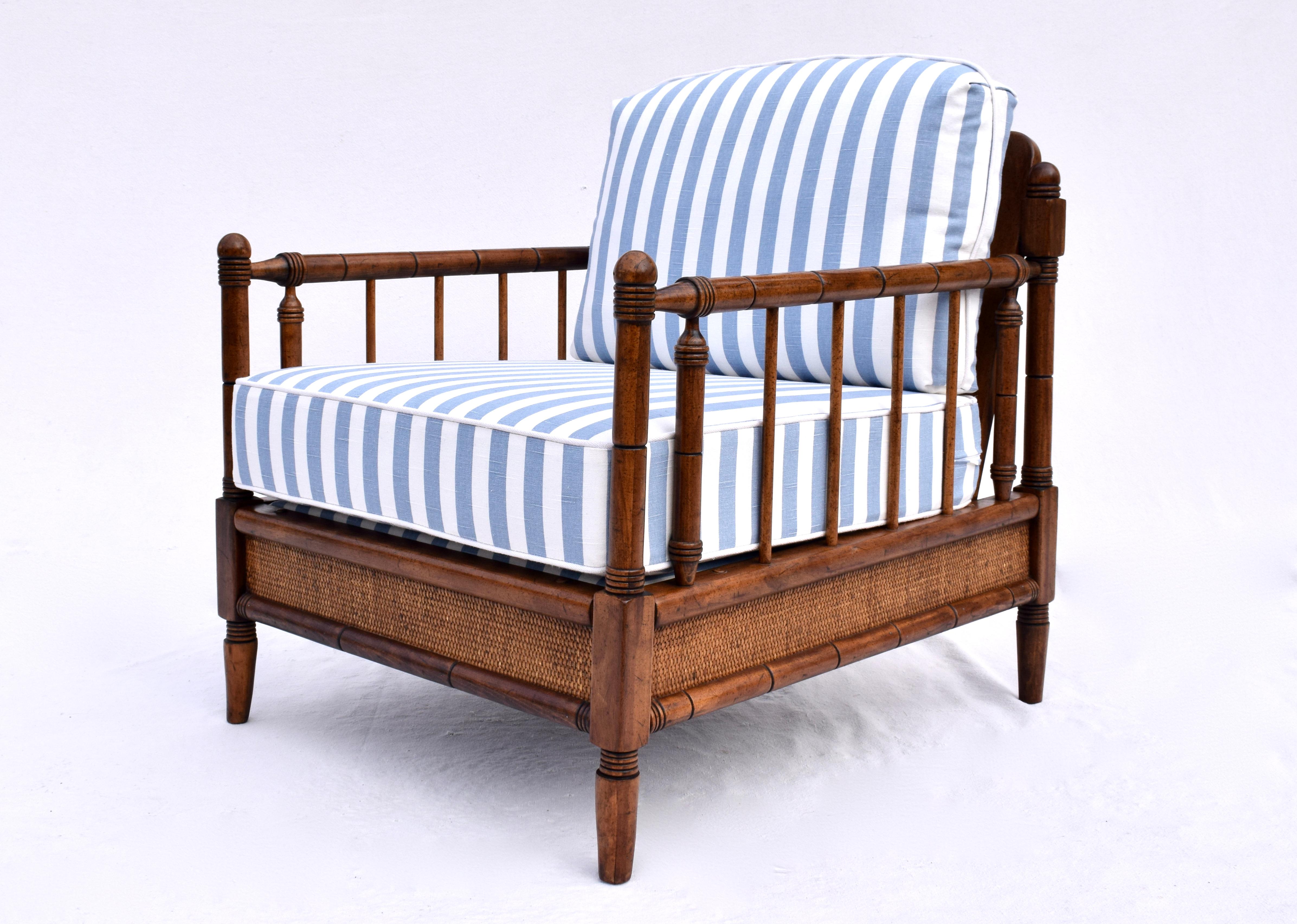 1950's Broyhill Premier Chair & ottoman set with new custom cushions & upholstery. Solid wood construction and grasscloth surround, hand rubbed original finish with warm patina. Timeless design elements are especially suitable for casual & coastal