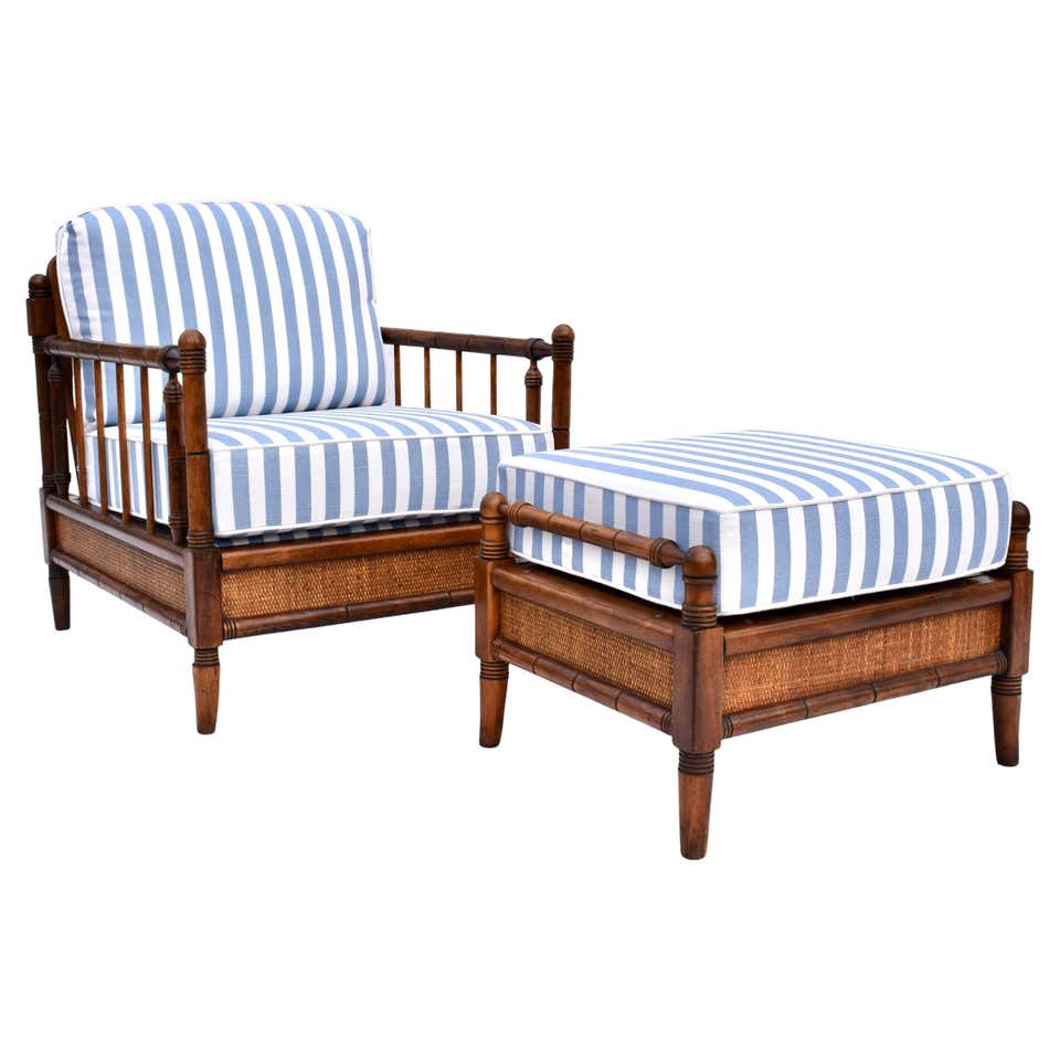 Pair of Vintage British Colonial Style Upholstered Faux Bamboo Benches ...