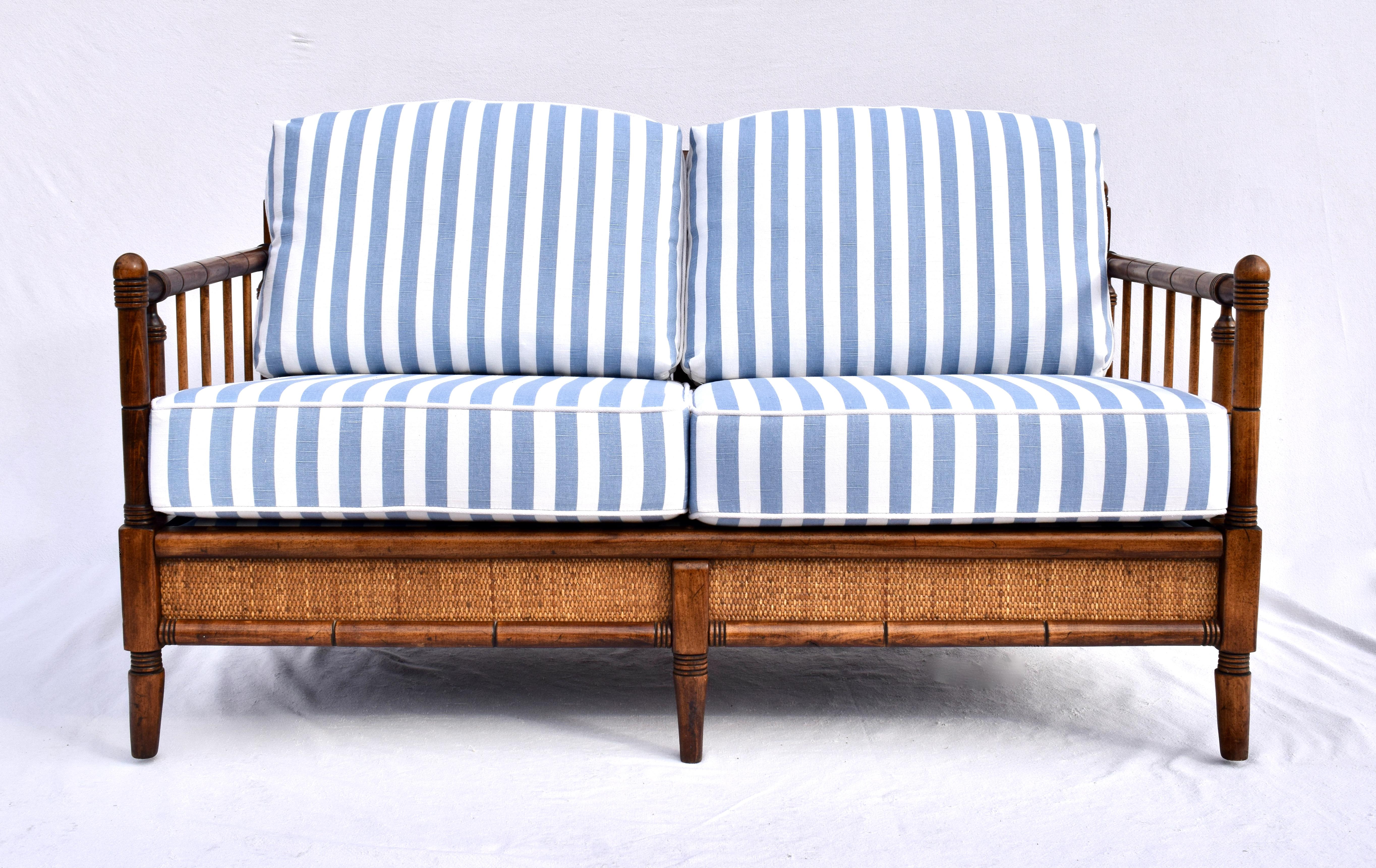 1950's Broyhill Premier loveseat with new custom cushions & upholstery. Solid wood construction and grasscloth surround, hand rubbed original finish with warm patina. Timeless design elements are especially suitable for casual & coastal settings.