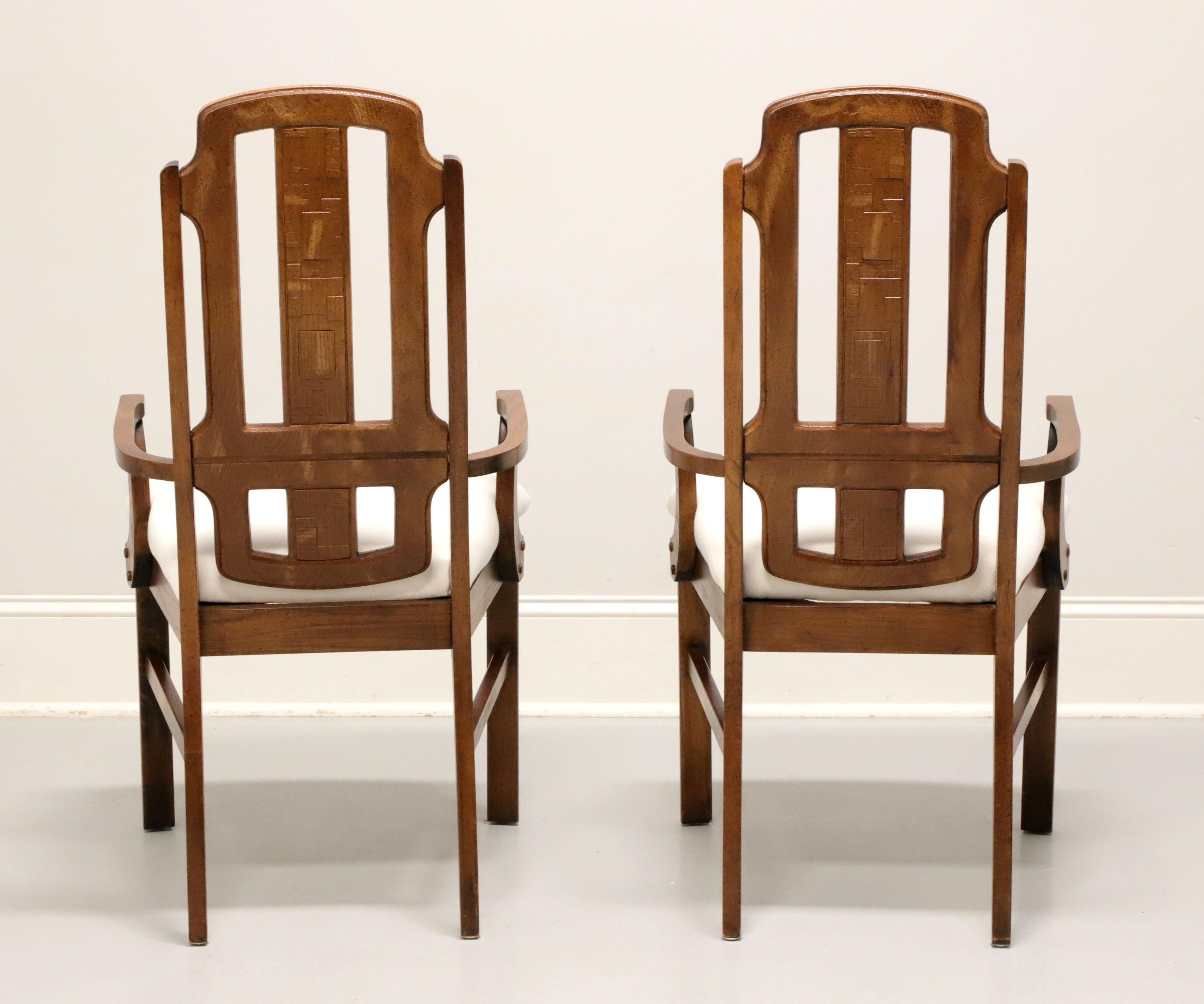 Fabric BROYHILL PREMIER Mid 20th Century Oak Brutalist Style Dining Armchairs - Pair For Sale