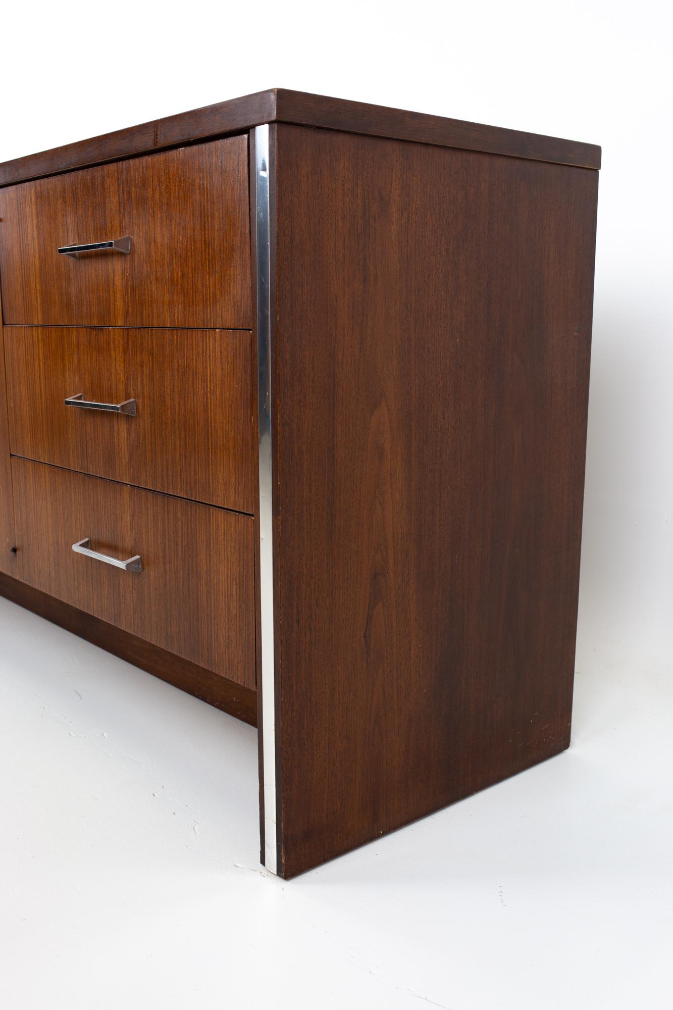 American Broyhill Premier Mid Century Walnut and Chrome 9 Drawer Lowboy Dresser