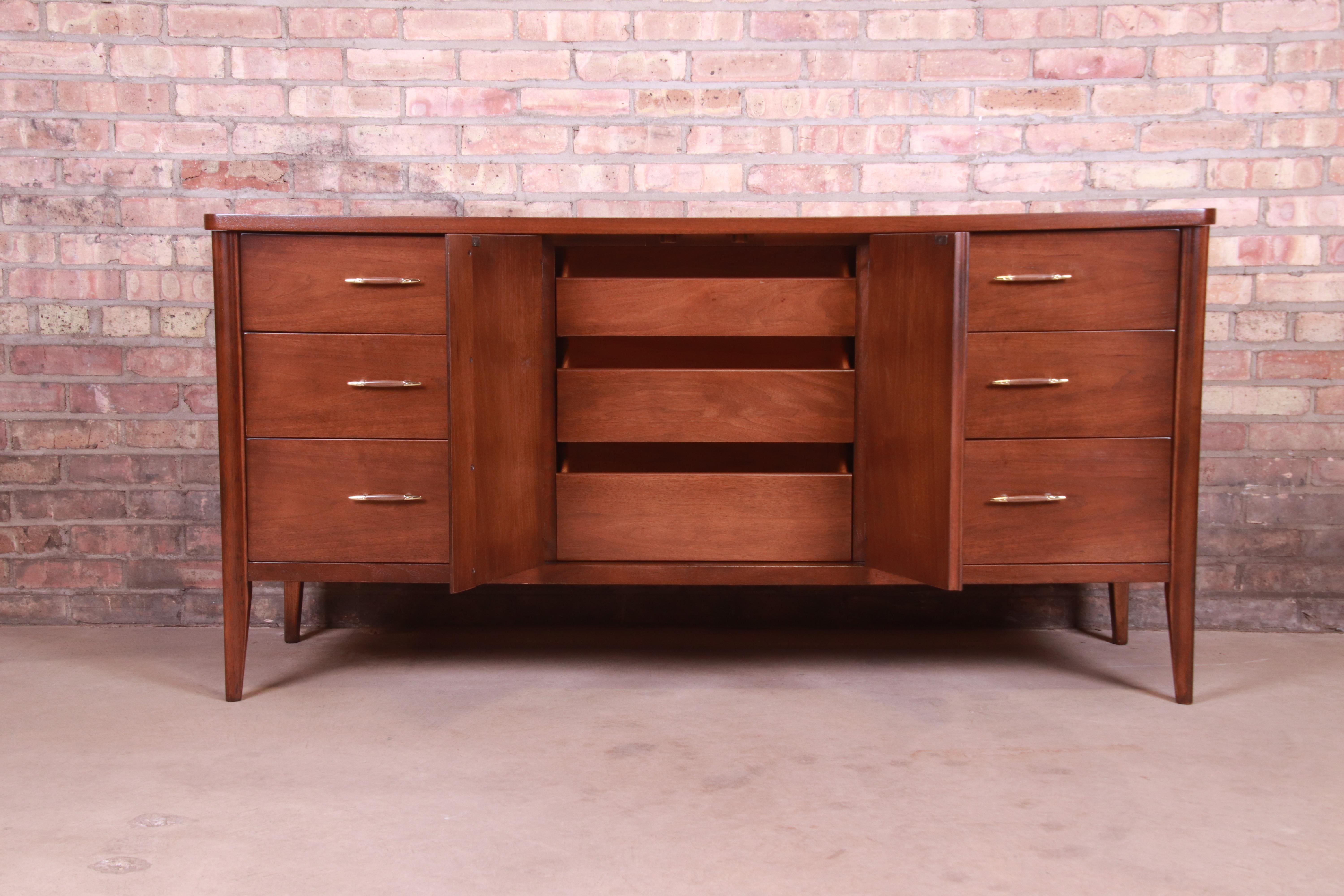 Broyhill Saga Mid-Century Modern Walnut Triple Dresser or Credenza, Refinished 4