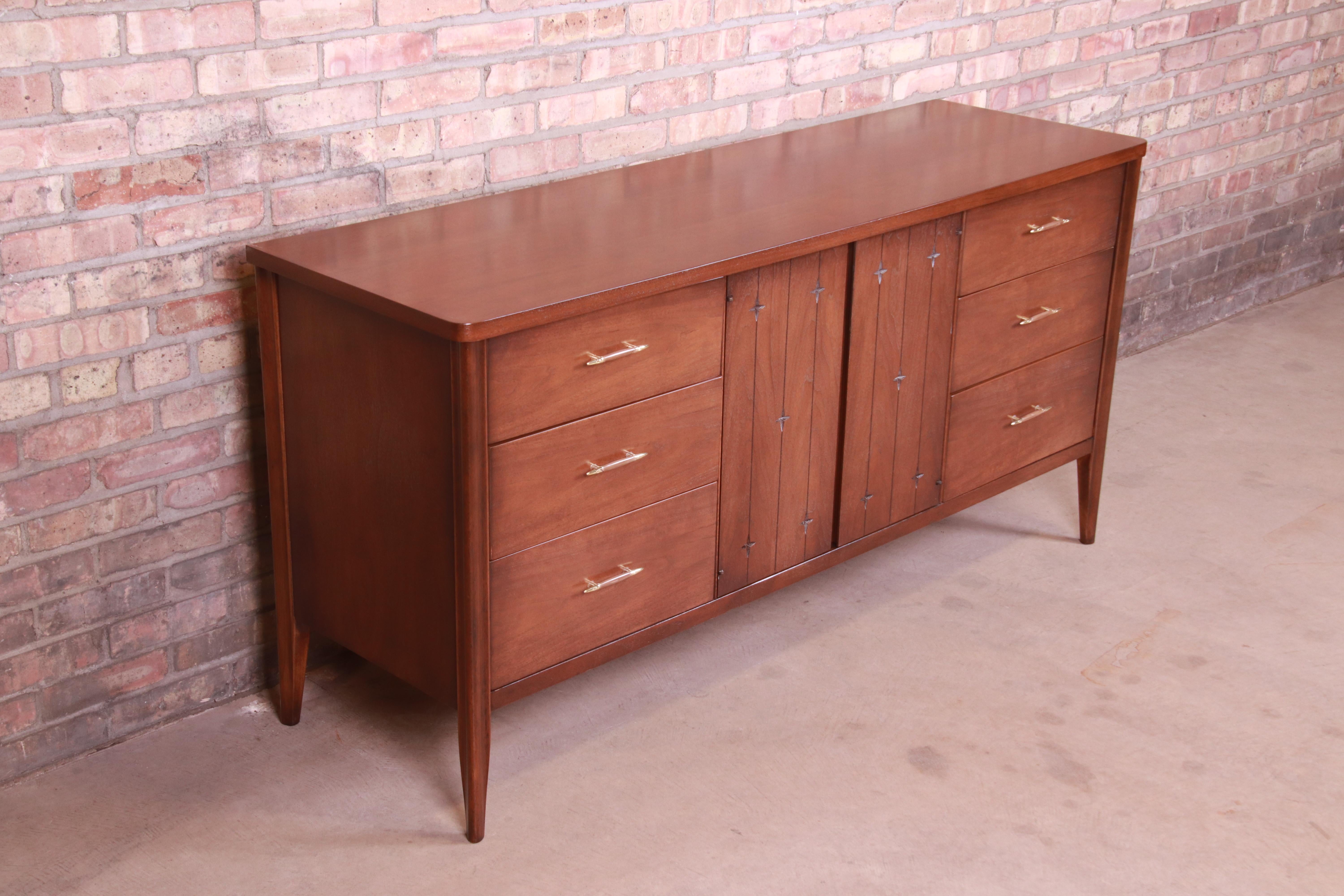 American Broyhill Saga Mid-Century Modern Walnut Triple Dresser or Credenza, Refinished