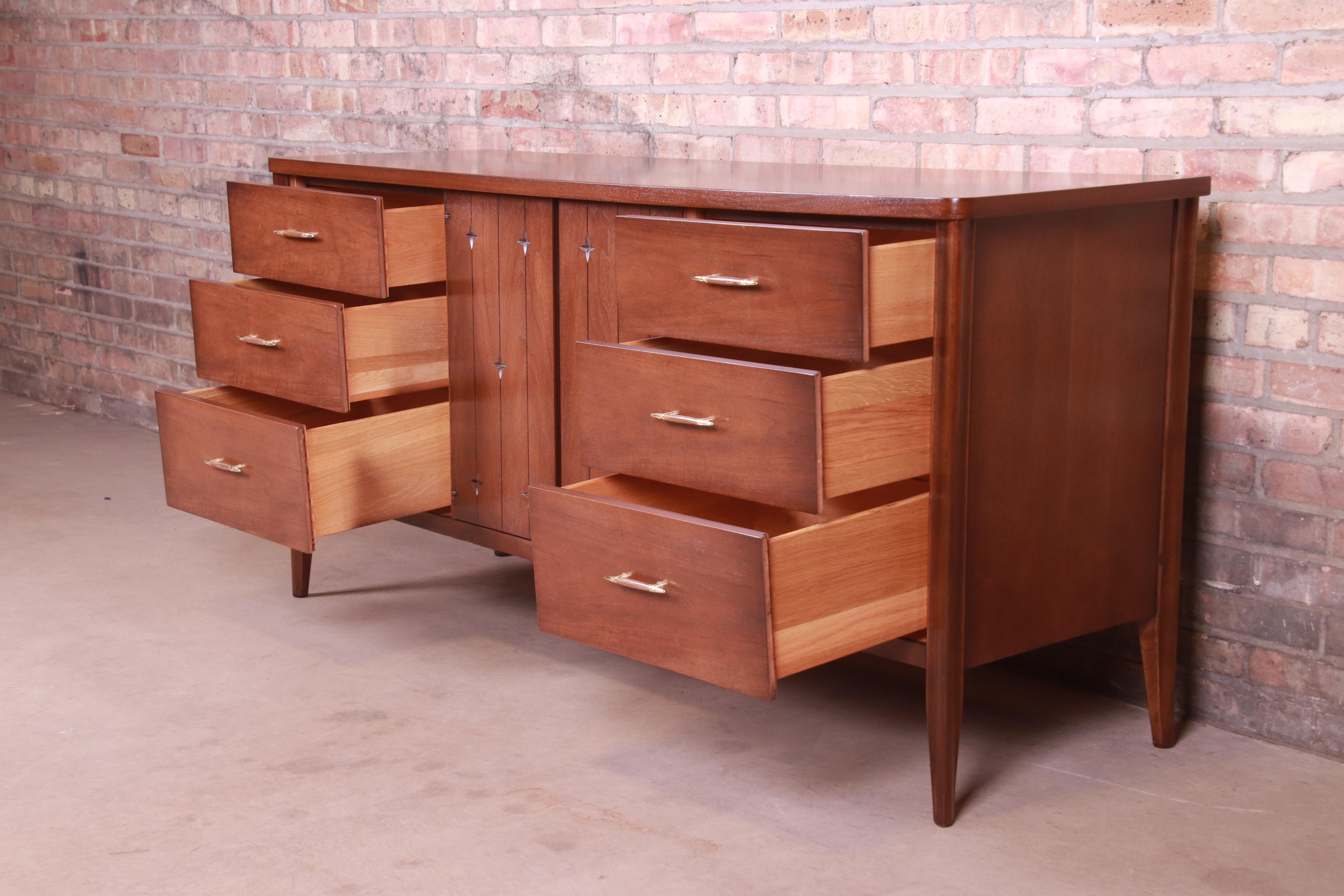 Brass Broyhill Saga Mid-Century Modern Walnut Triple Dresser or Credenza, Refinished