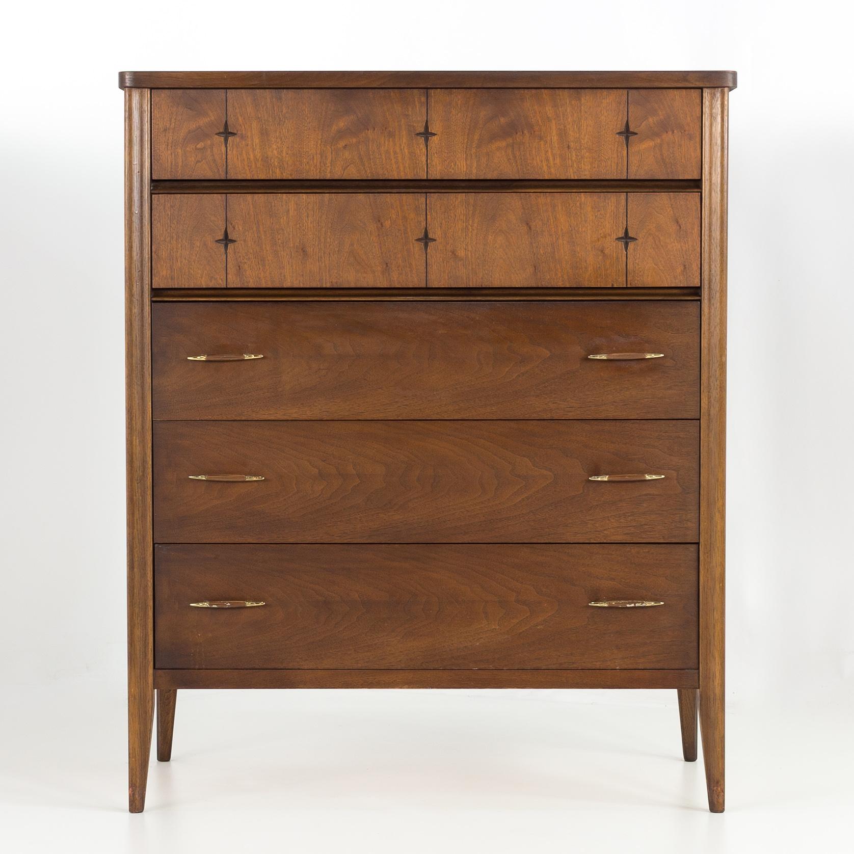 Broyhill saga mid century walnut 5 drawer highboy dresser
Dresser measures: 38.75 wide x 19 deep x 46.75 inches high

All pieces of furniture can be had in what we call restored vintage condition. That means the piece is restored upon purchase so