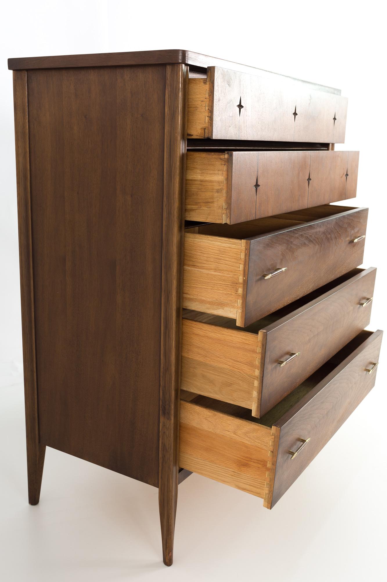 Mid-Century Modern Broyhill Saga Mid Century Walnut 5 Drawer Highboy Dresser