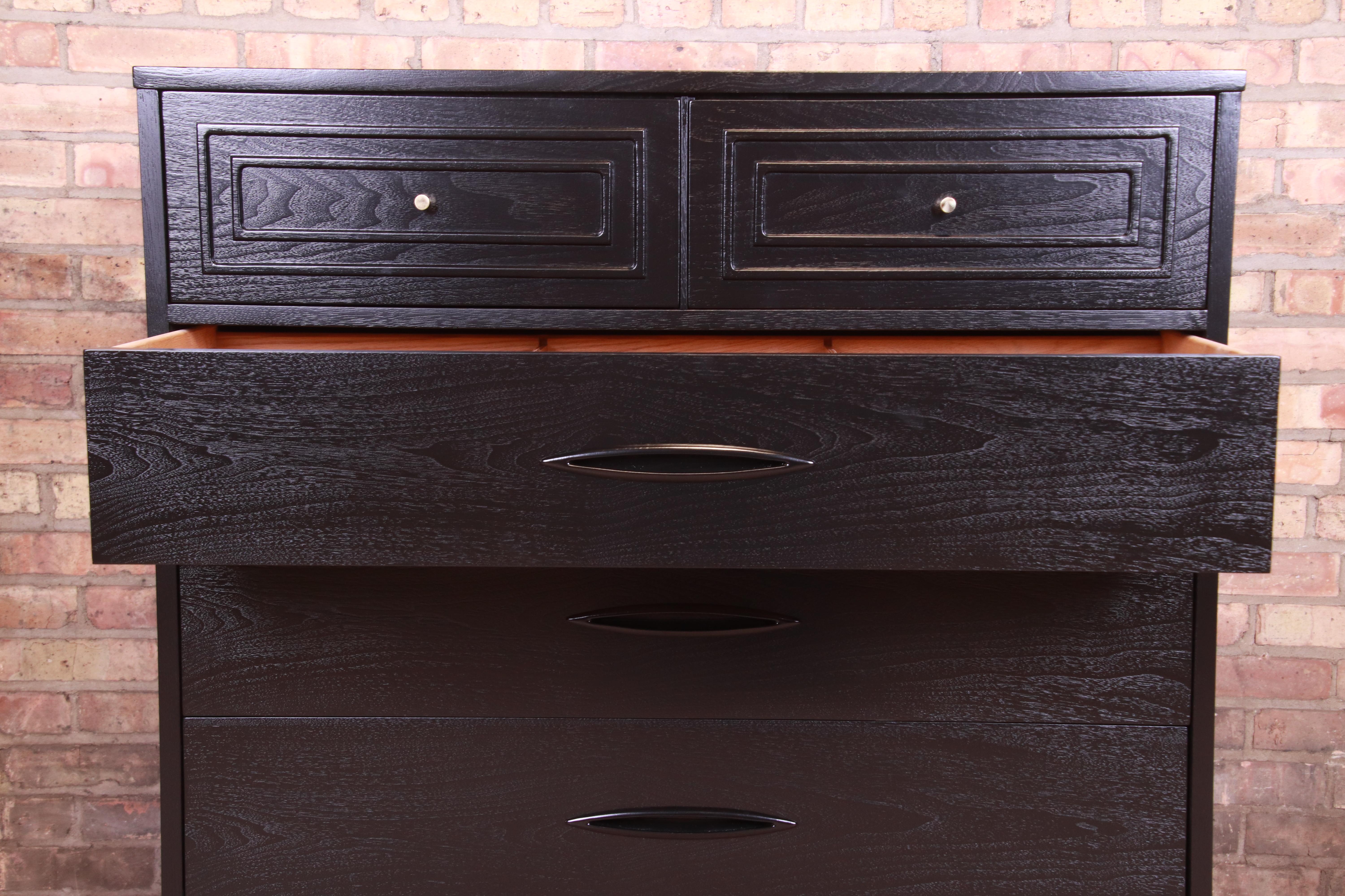 Broyhill Sculptra Mid-Century Modern Black Lacquered Highboy, Newly Refinished 2