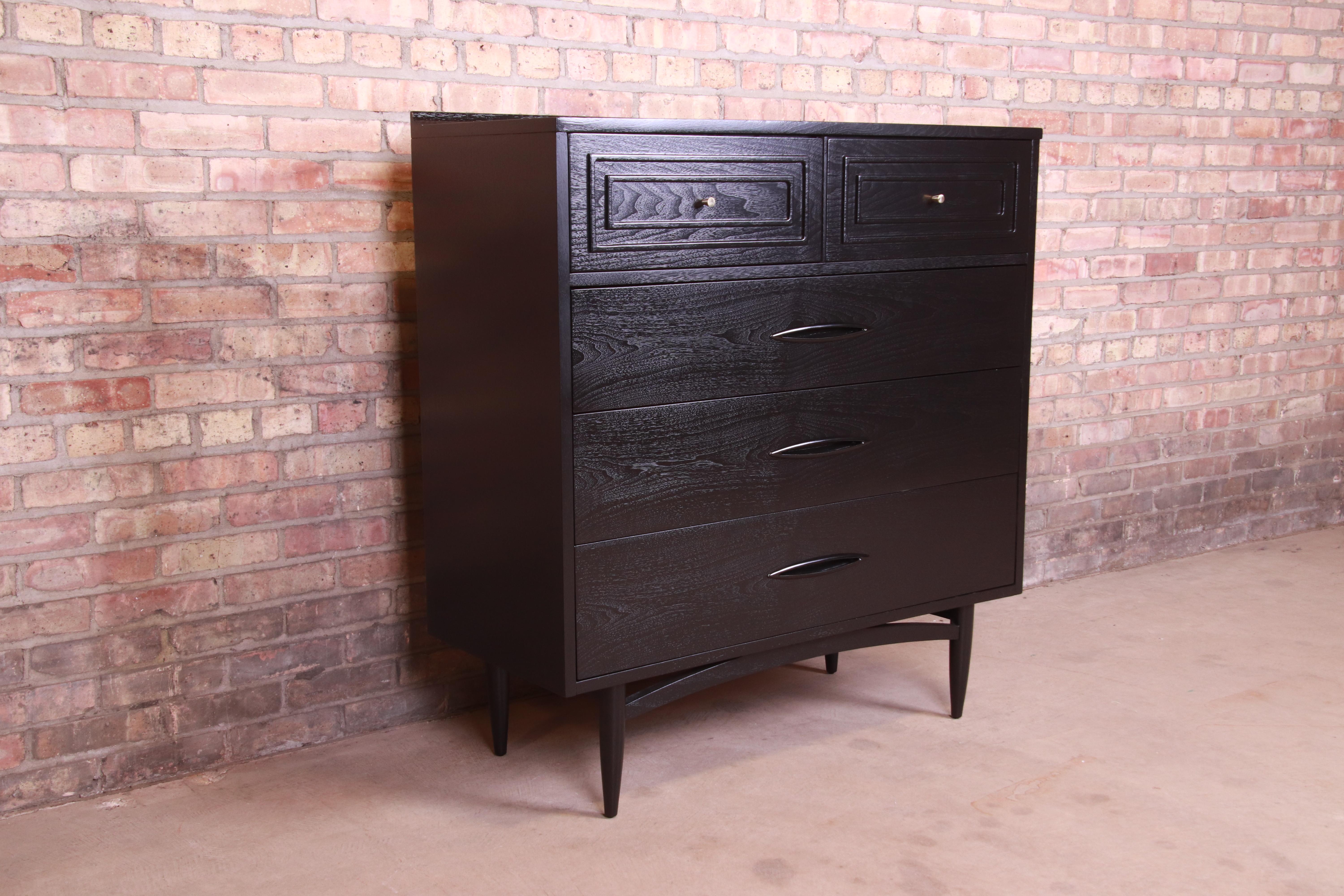 American Broyhill Sculptra Mid-Century Modern Black Lacquered Highboy, Newly Refinished
