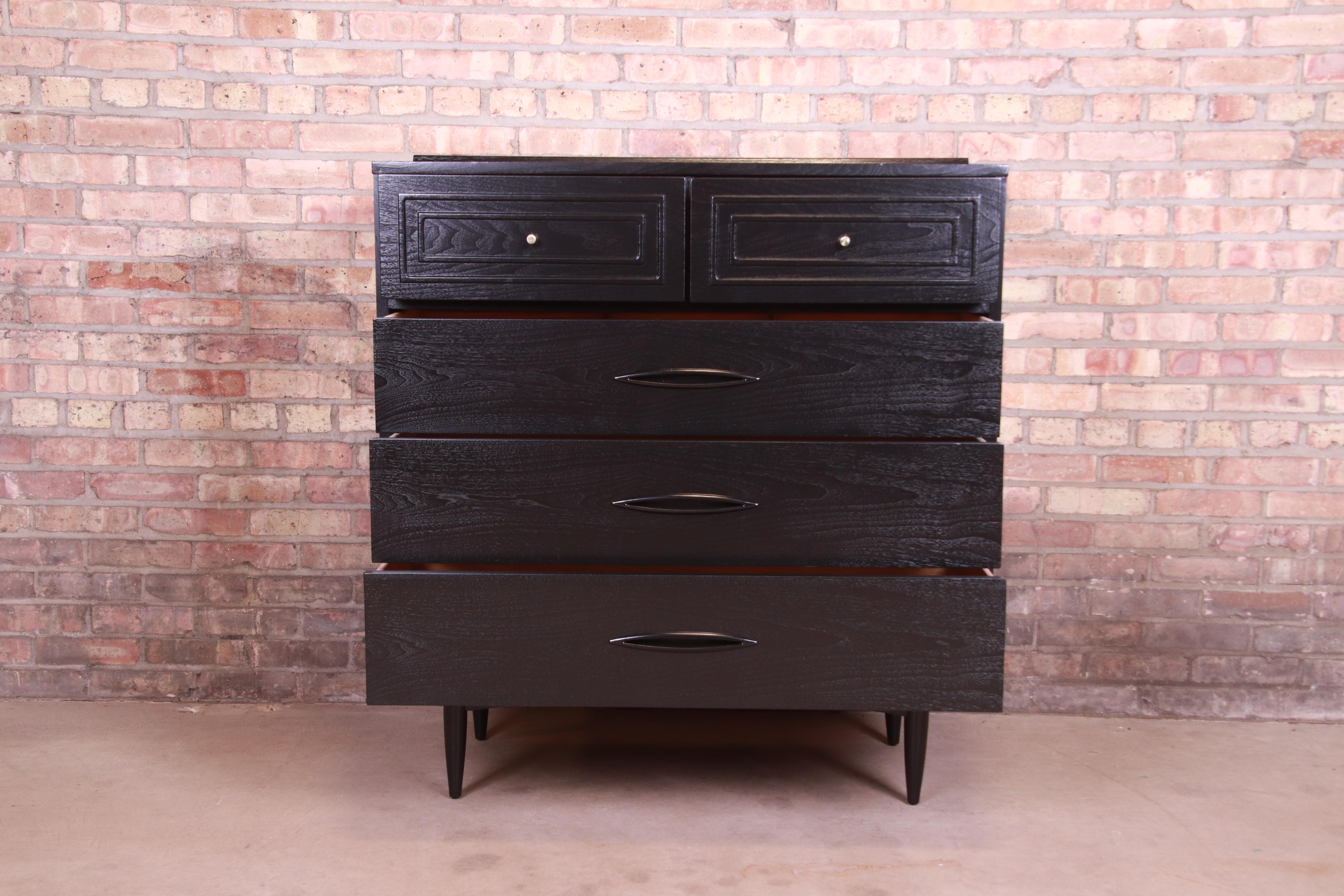 Broyhill Sculptra Mid-Century Modern Black Lacquered Highboy, Newly Refinished In Good Condition In South Bend, IN