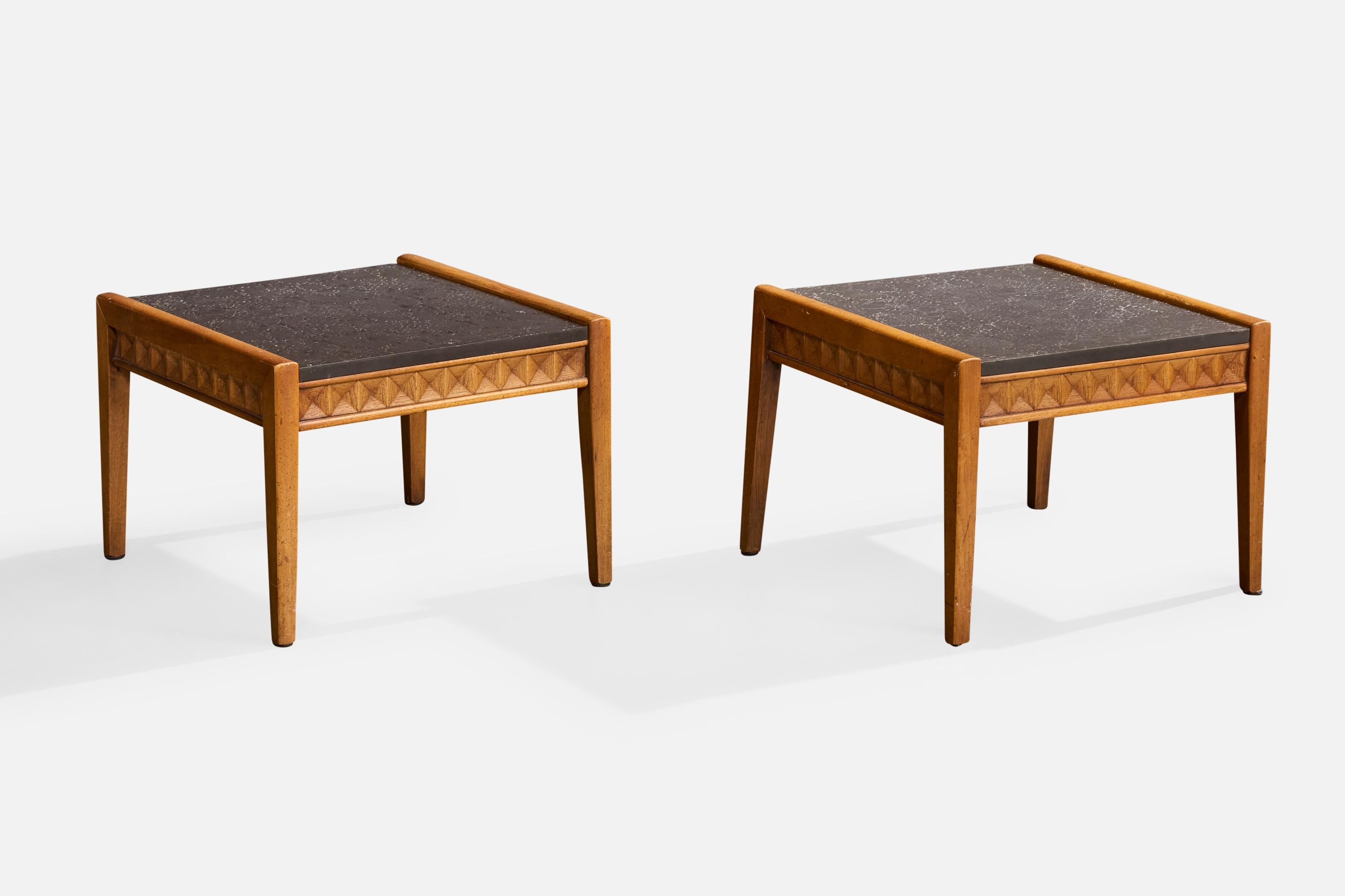 A pair of floral-engraved slate and wood side tables produced by Broyhill, USA, c. 1950s.

Overall Dimensions (inches): 14.5