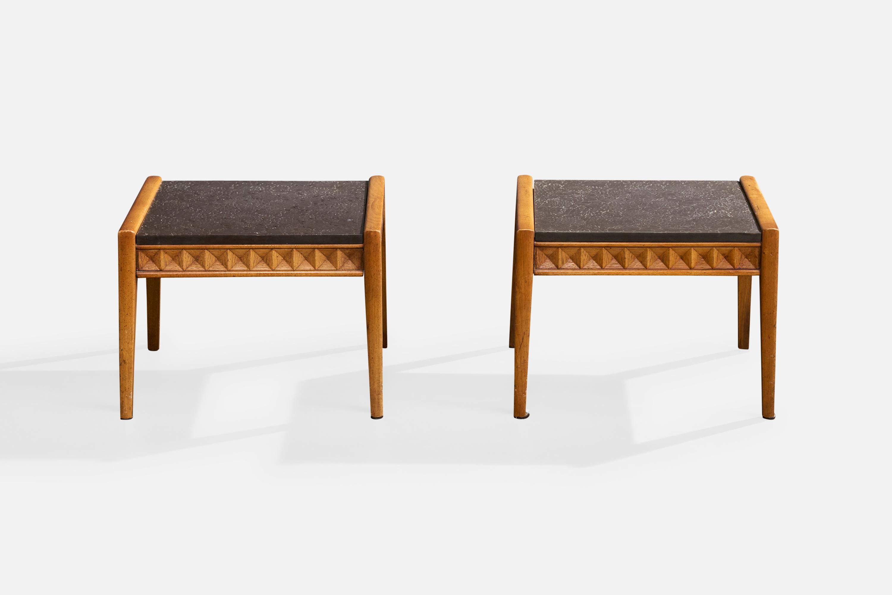 Mid-Century Modern Broyhill, Side Tables, Wood, Slate, USA, 1950s For Sale