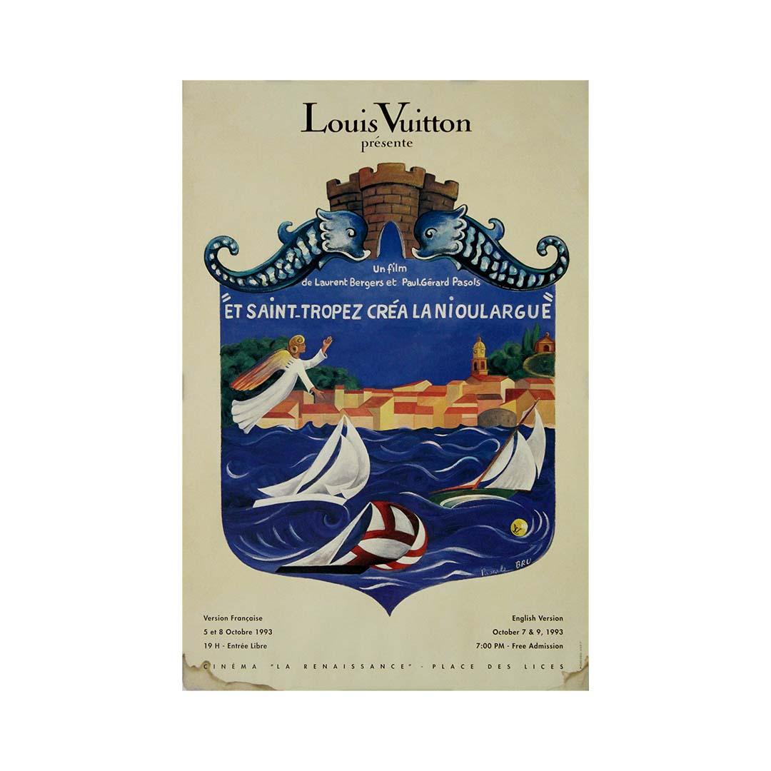 A whimsical celebration of maritime heritage and Riviera charm, this 1993 original poster was created to promote the film Et Saint-Tropez créa la Nioulargue, a documentary directed by Laurent Bergers and Paul-Gérard Pasols, and proudly presented by