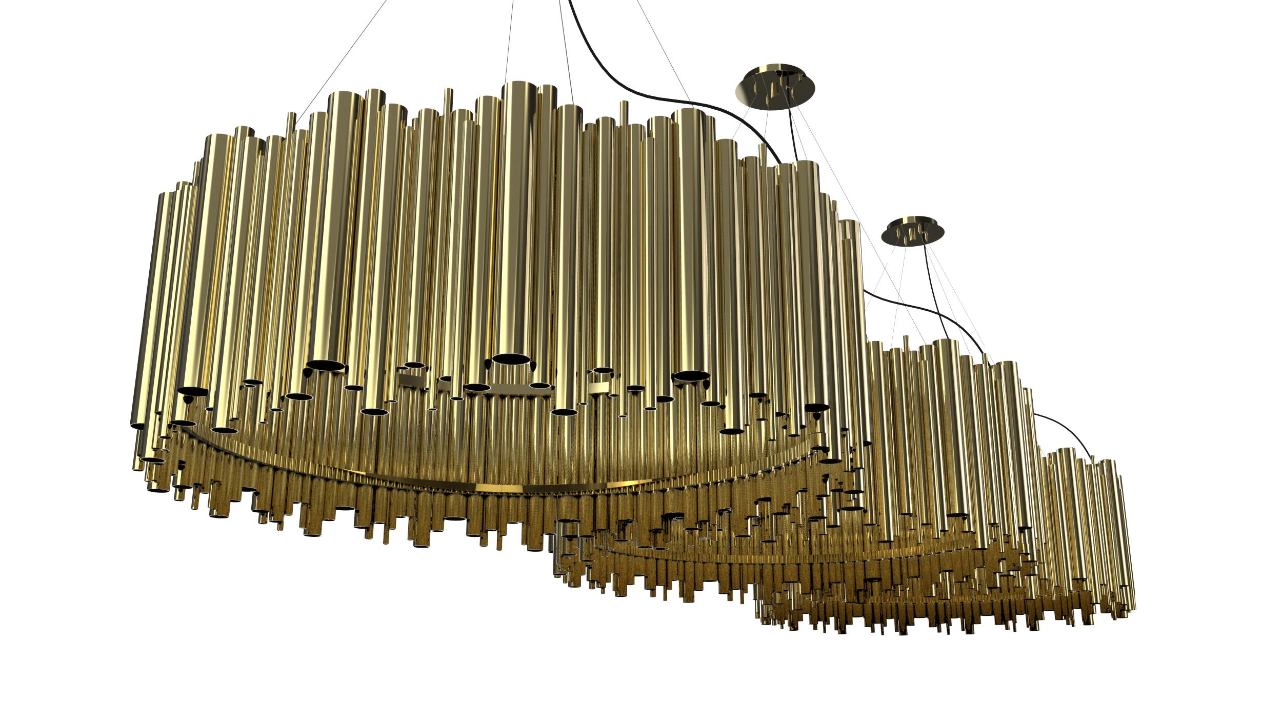 Brubeck Mid-Century Modern chandelier is inspired by one of the foremost exponents of cool jazz: Dave Brubeck. This unique lighting design represents the sophistication and finesse of the American jazz pianist, displaying a very luxurious feeling.