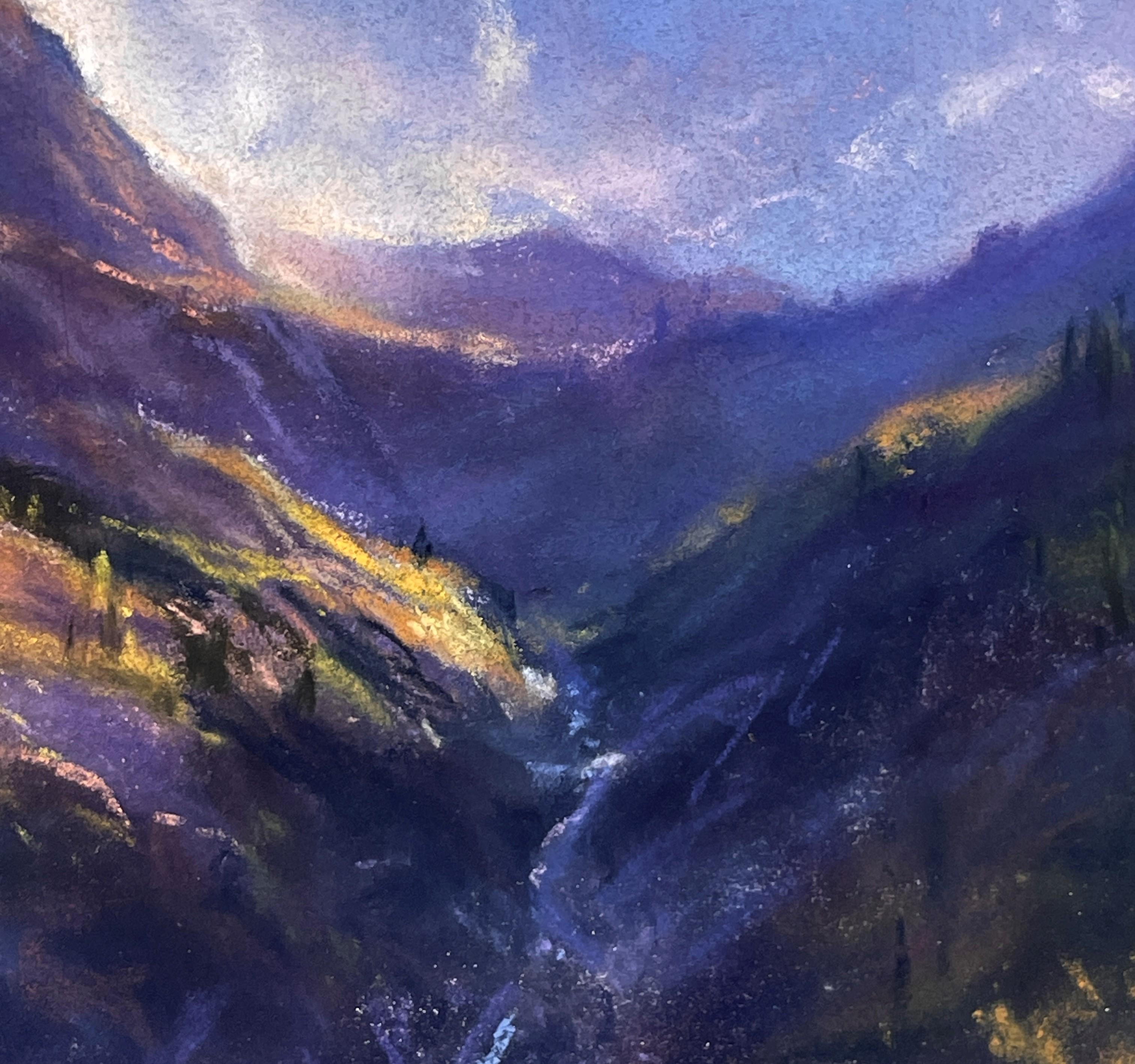 Beneath Ingram Falls Morning (2004), Realismus-Gemälde, Berglandschaft, Öl – Painting von Bruce A Gómez