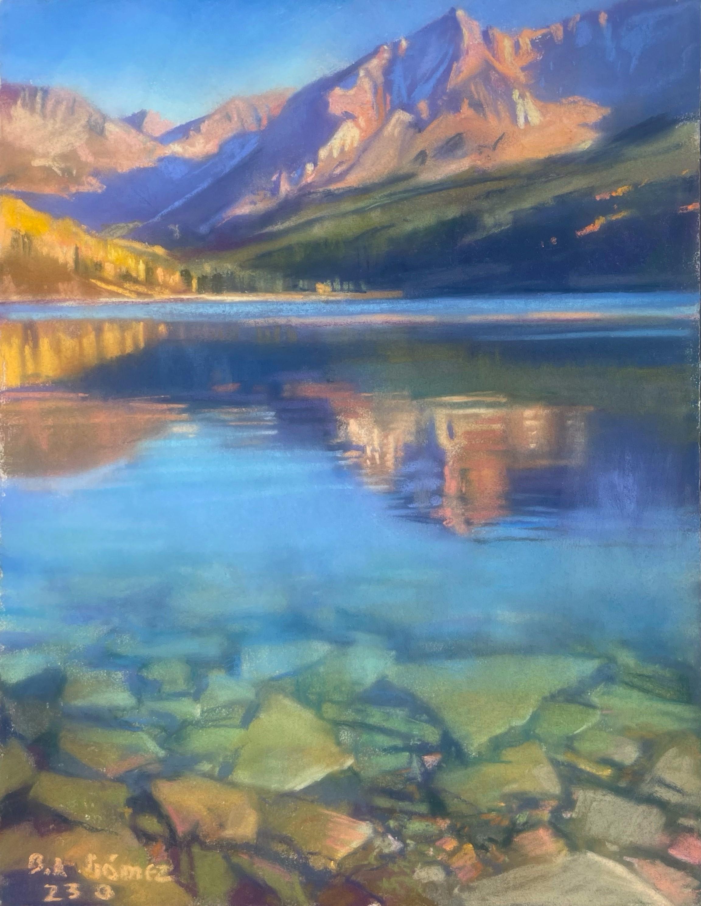 Trout Lake, Emerald Waters, Original Pastel Painting - Gray Figurative Painting by Bruce A Gómez