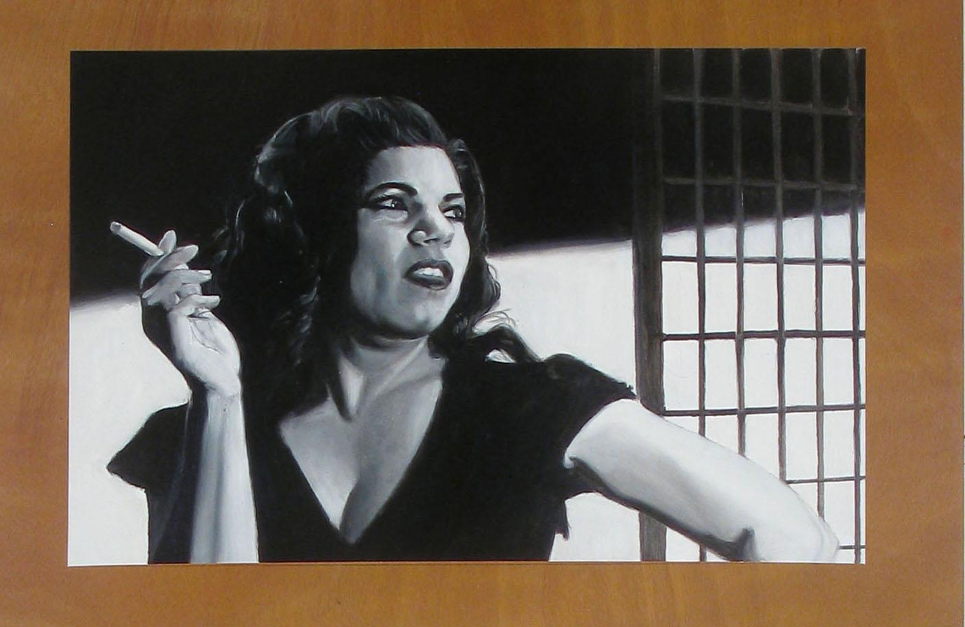 Zeitgenössischer hyperrealistischer großer Porträtfilm Noir Strip Film Still Black White (Schwarz), Figurative Painting, von Bruce Adams