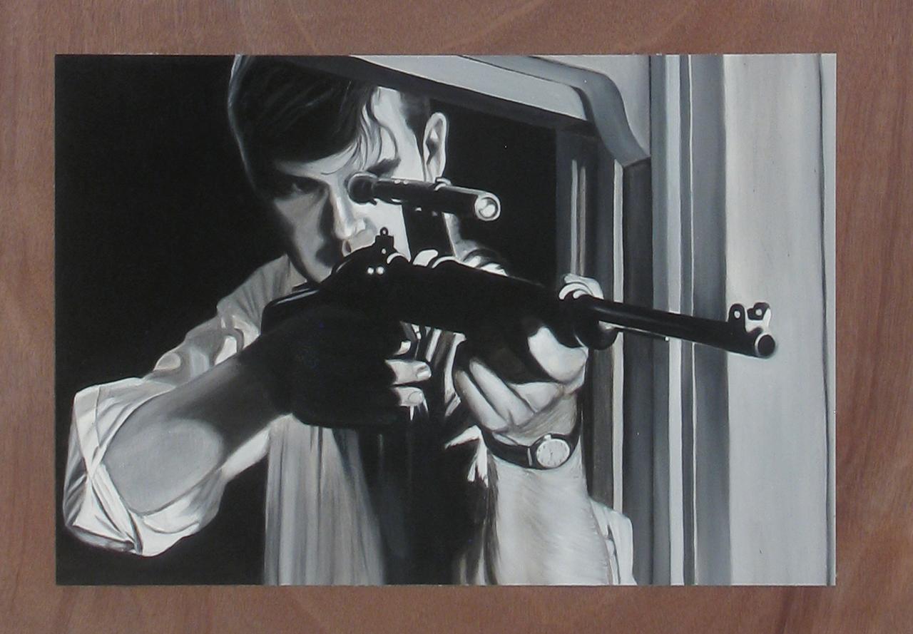 Contemporary Hyperrealist Large Portrait Film Noir Strip Film Still Black White - Photorealist Painting by Bruce Adams
