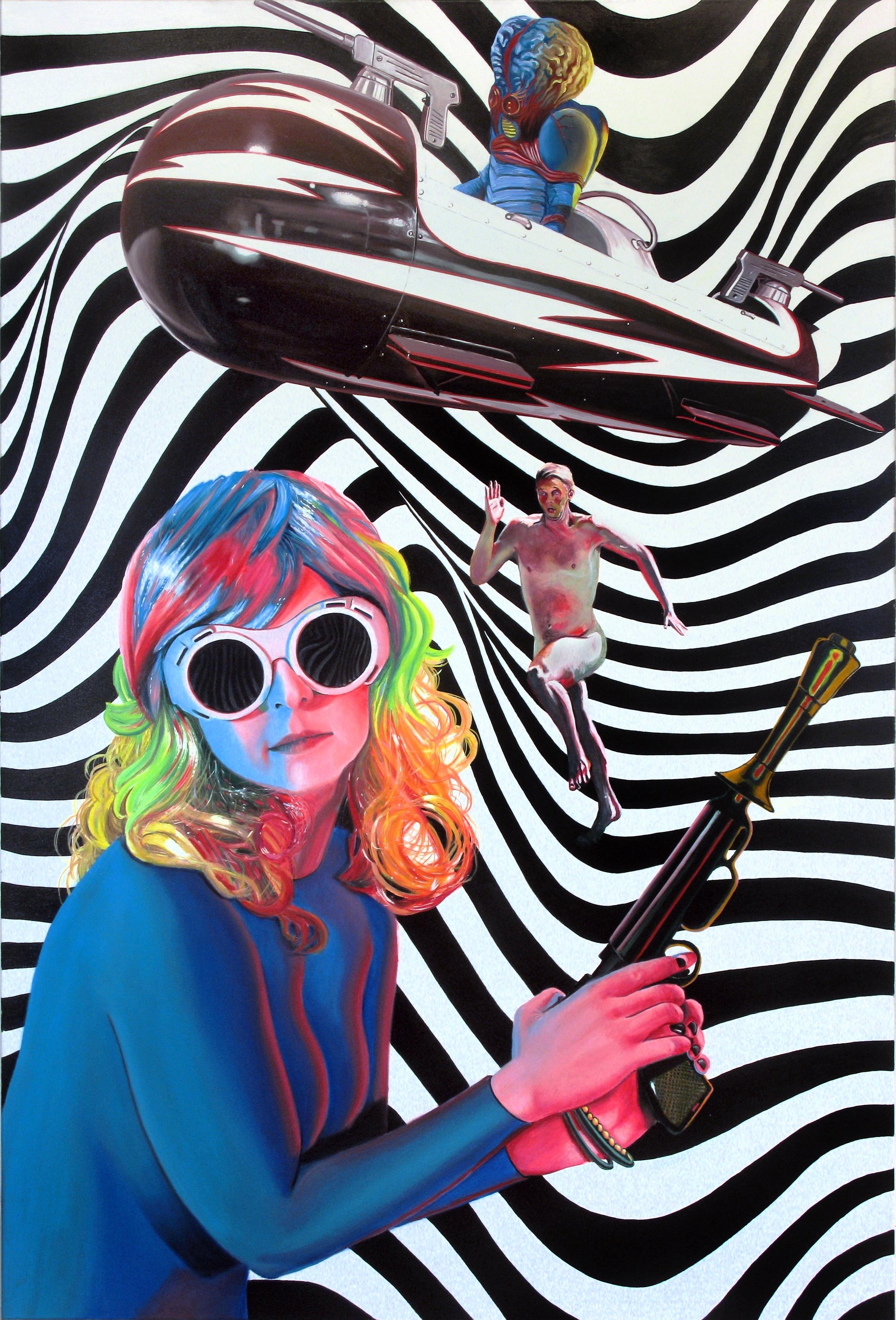 Bruce Adams Figurative Painting – Zeitgenössisch Surrealistisch Hyperrealistisch Gro�ße bunte Figur Psychedelic  Frau aus Frau