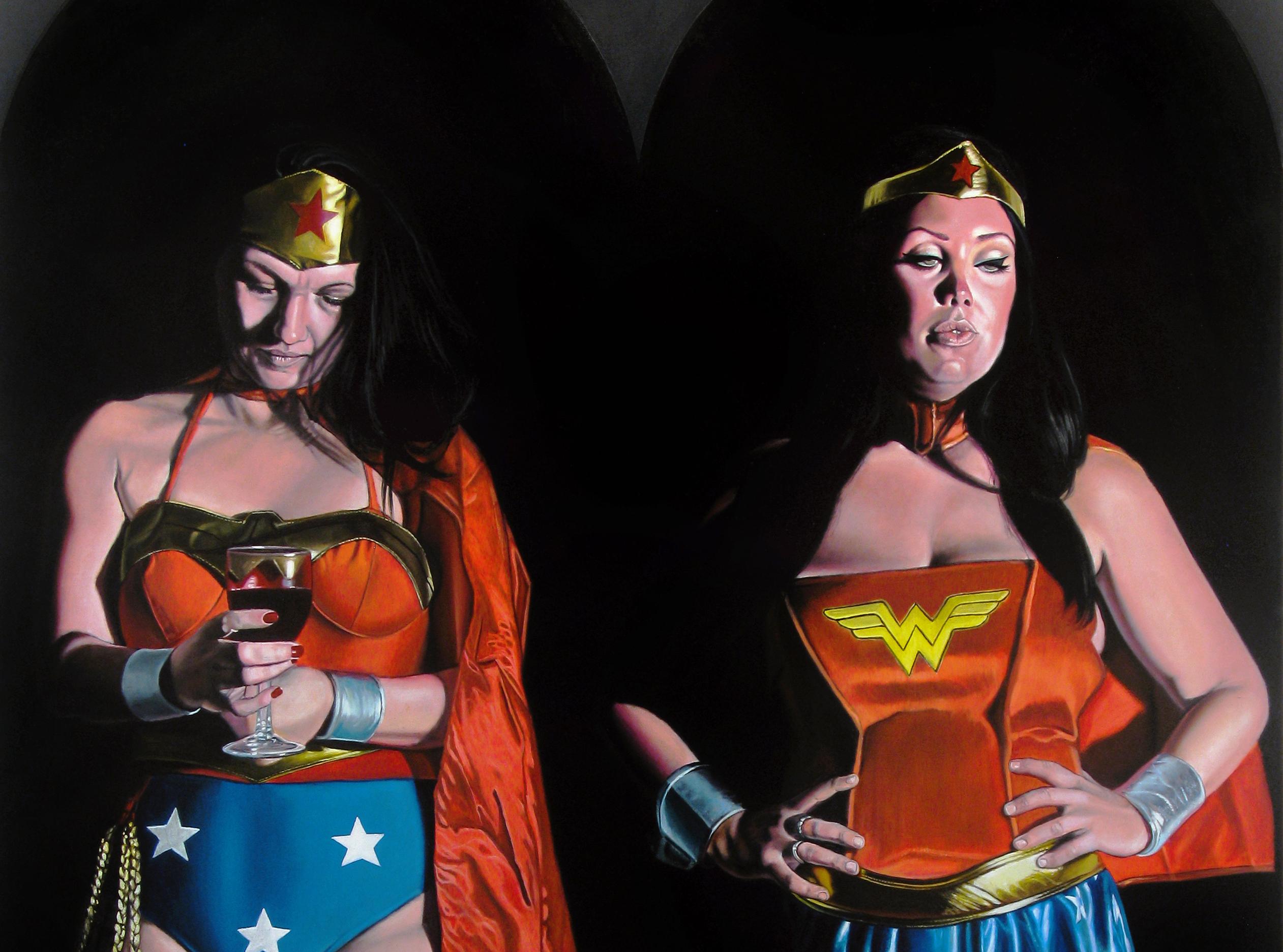 Contemporary Surrealist Hyperrealist Large Figures Super Hero Wonder Woman Women (Fotorealismus), Painting, von Bruce Adams