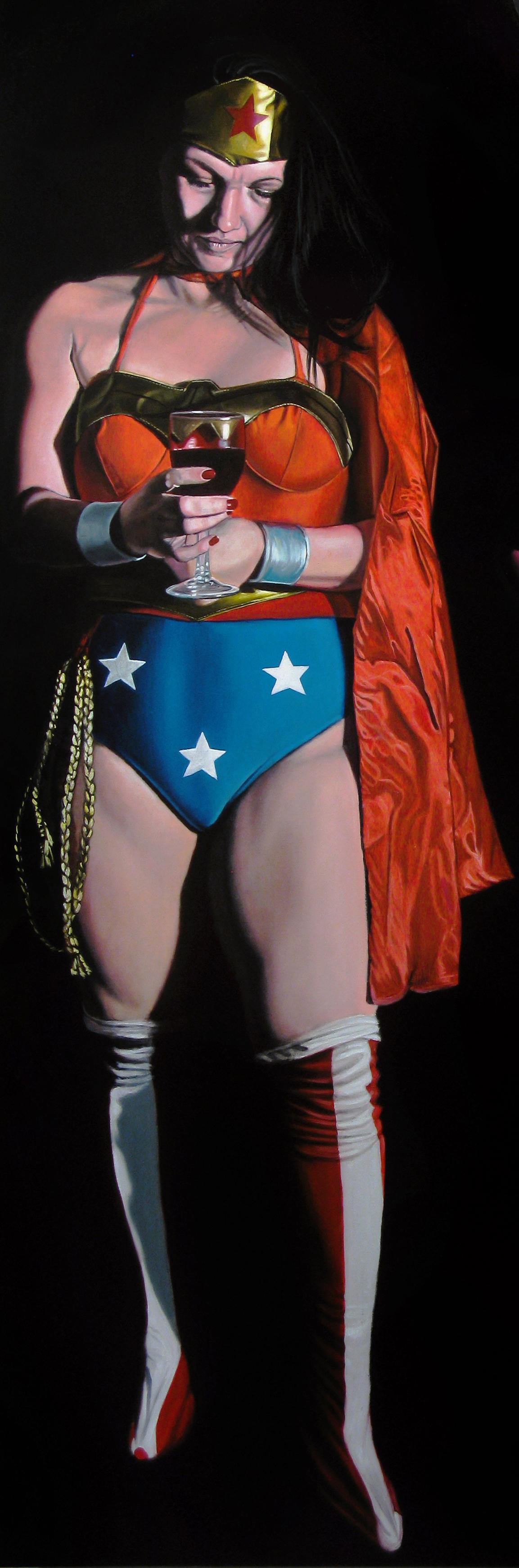 Contemporary Surrealist Hyperrealist Large Figures Super Hero Wonder Woman Women (Schwarz), Figurative Painting, von Bruce Adams