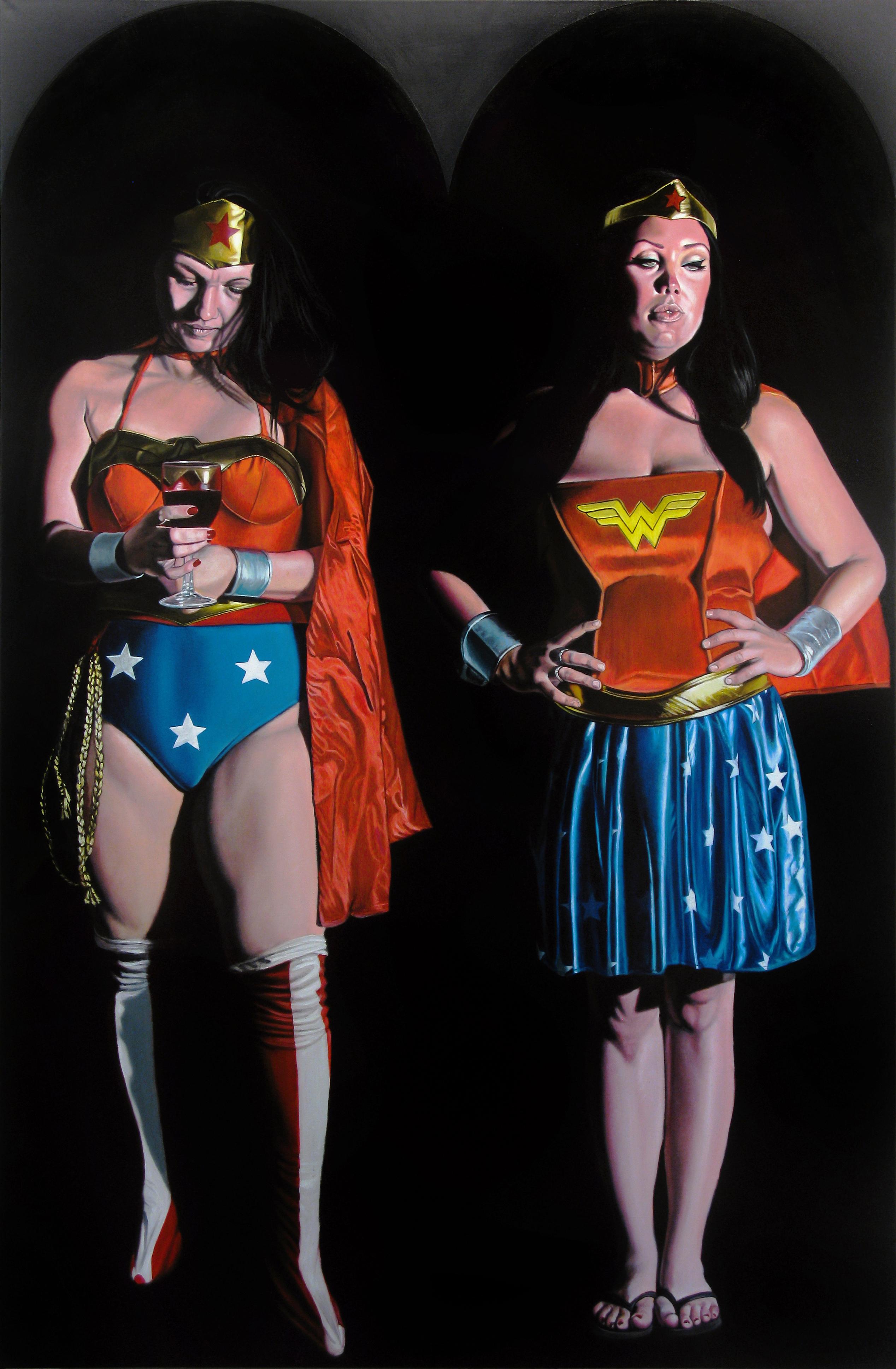 Bruce Adams Figurative Painting – Contemporary Surrealist Hyperrealist Large Figures Super Hero Wonder Woman Women
