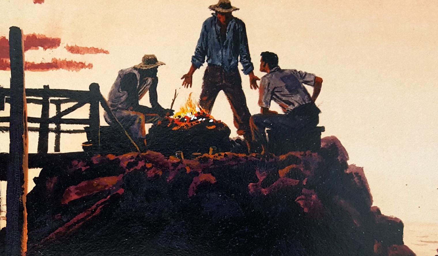 Atardecer de oro salado, ilustración de la historia del Saturday Evening Post - Figurative Painting Oro de Bruce Bomberger