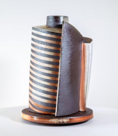 Vaso composito con strisce - scultura astratta, smaltata, ceramica, vaso