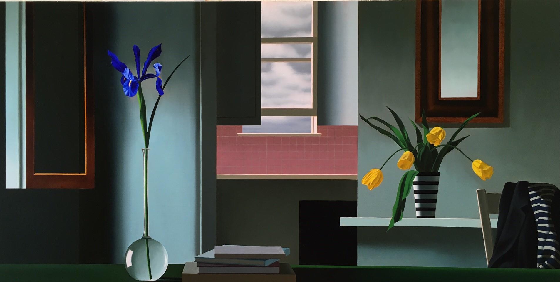 Untitled, Interior with Iris, Tulips and Pink Kitchen - Painting by Bruce Cohen