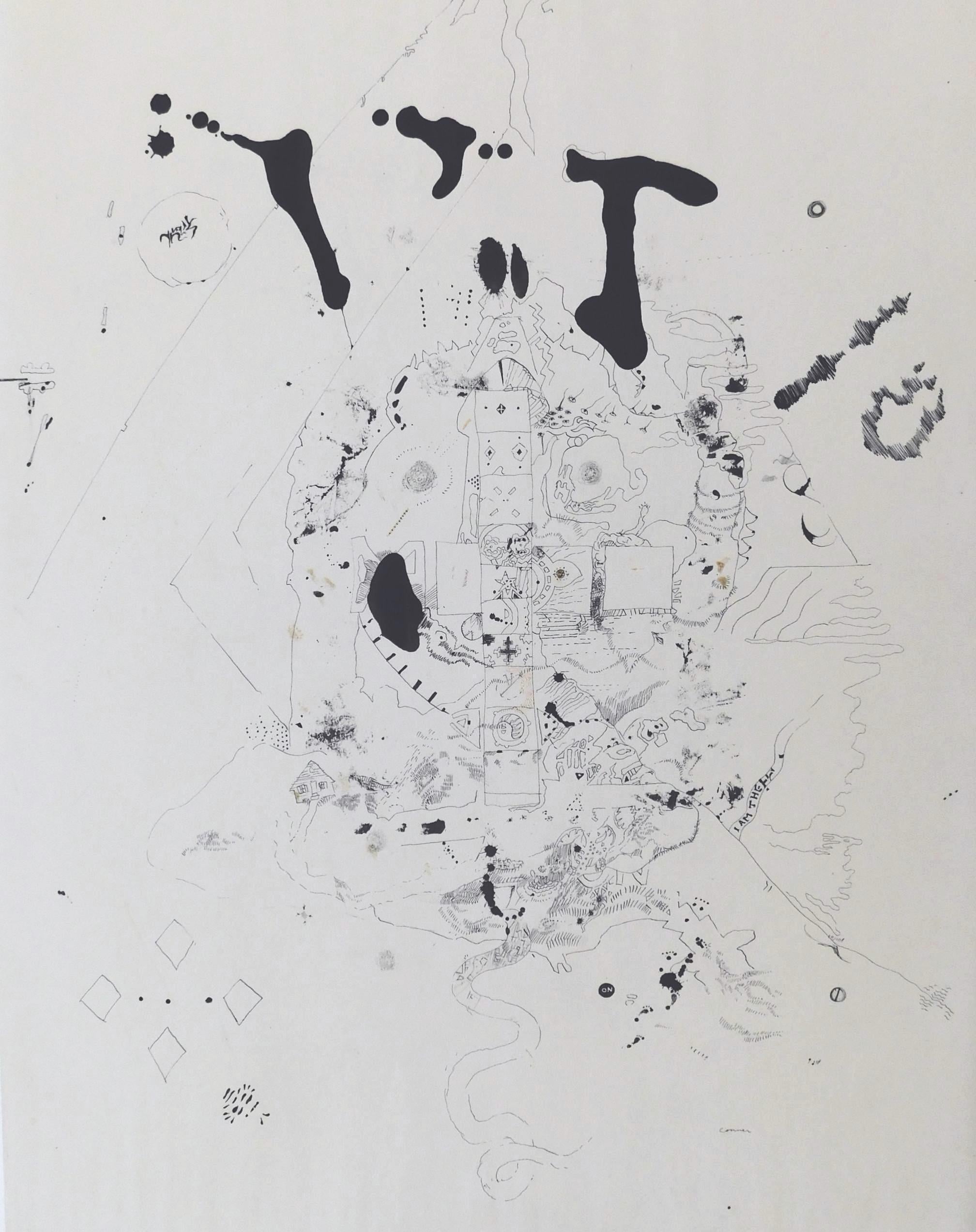 This large ink blot drawing was created by Bruce Conner in 1962. He was a fascinating artist of his time and was known for forging his own path. A copy of his own journal (at the bottom of the page) shows an entry he made dated September of 1962 in