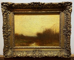 Antique 1880’s American Tonalism Impressionist Sunset Landscape Painting 