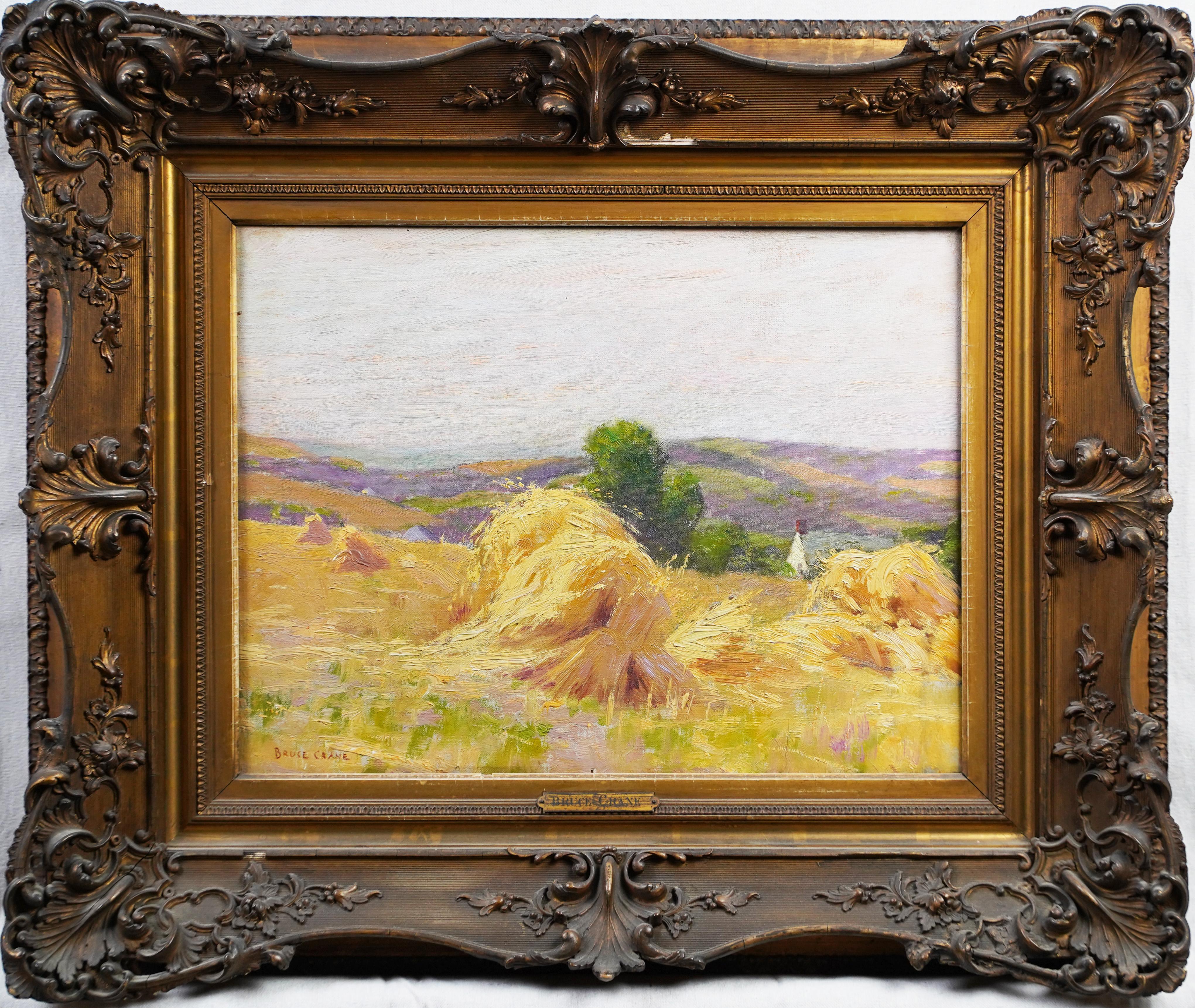 Antikes amerikanisches impressionistisches signiertes gerahmtes Haystack-Landschaftsgemälde, gerahmtes Ölgemälde – Painting von Bruce Crane