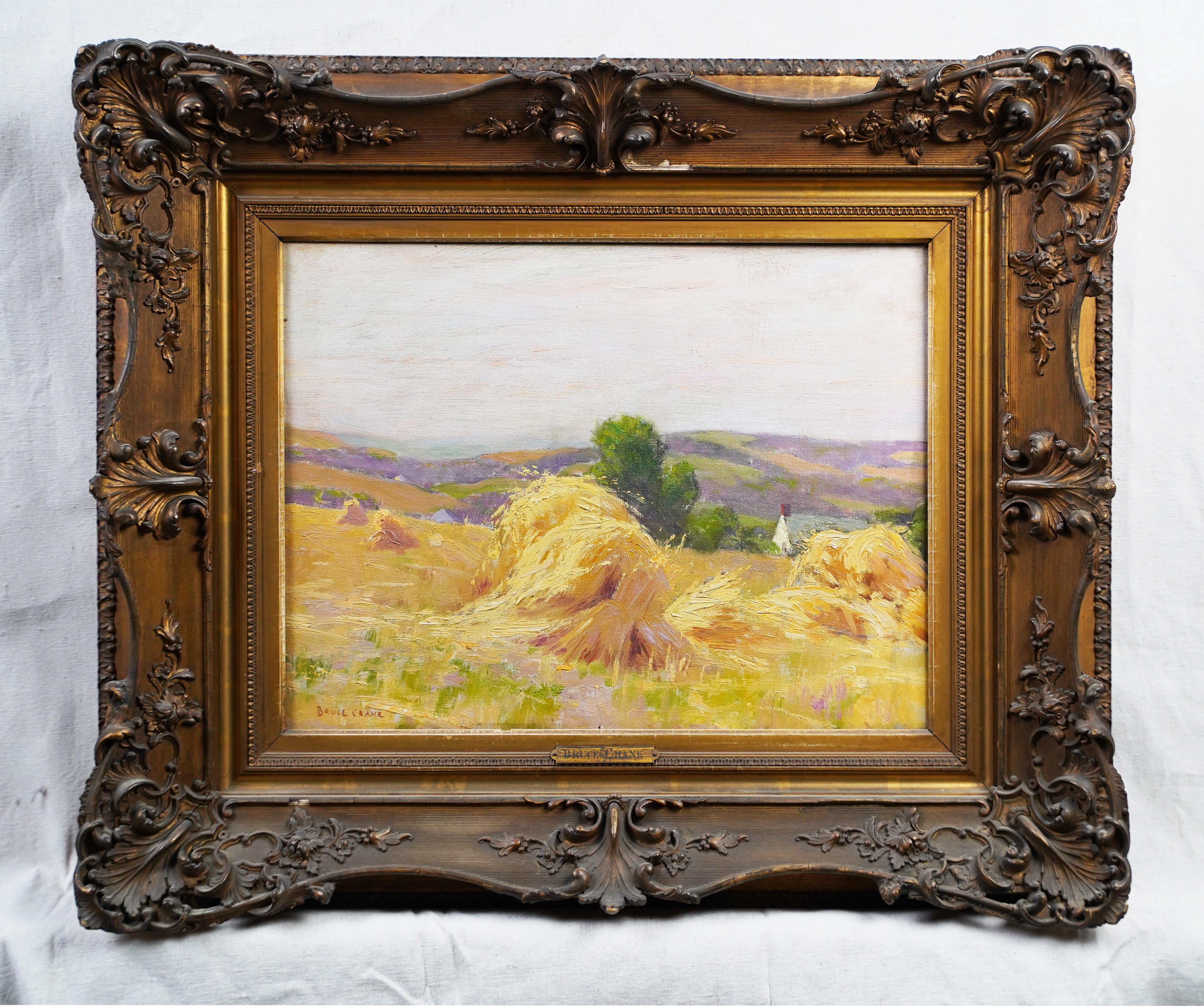 Antikes amerikanisches impressionistisches signiertes gerahmtes Haystack-Landschaftsgemälde, gerahmtes Ölgemälde (Impressionismus), Painting, von Bruce Crane