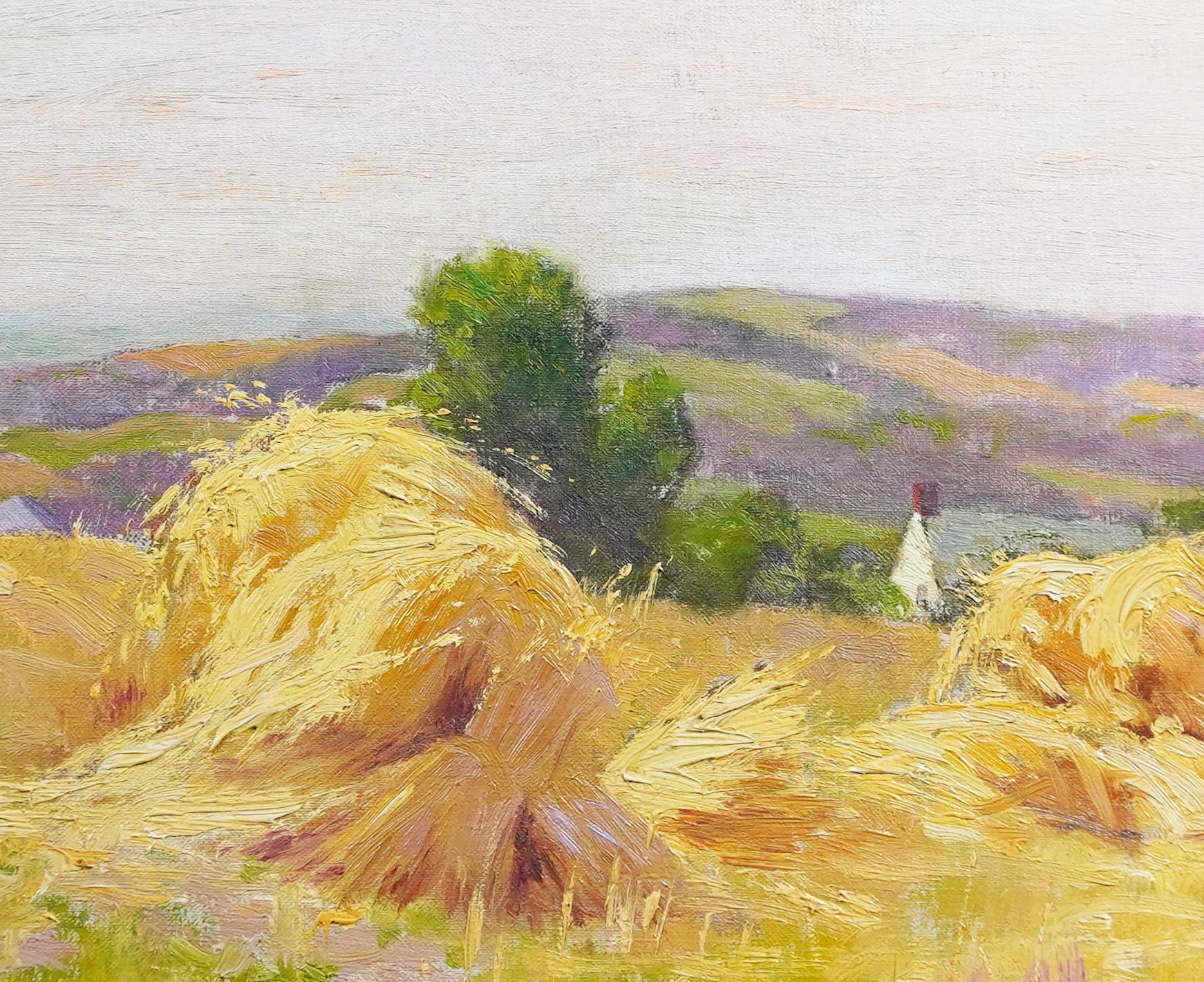 Antique American Impressionist Signed Haystack Landscape Framed Oil Painting For Sale 3