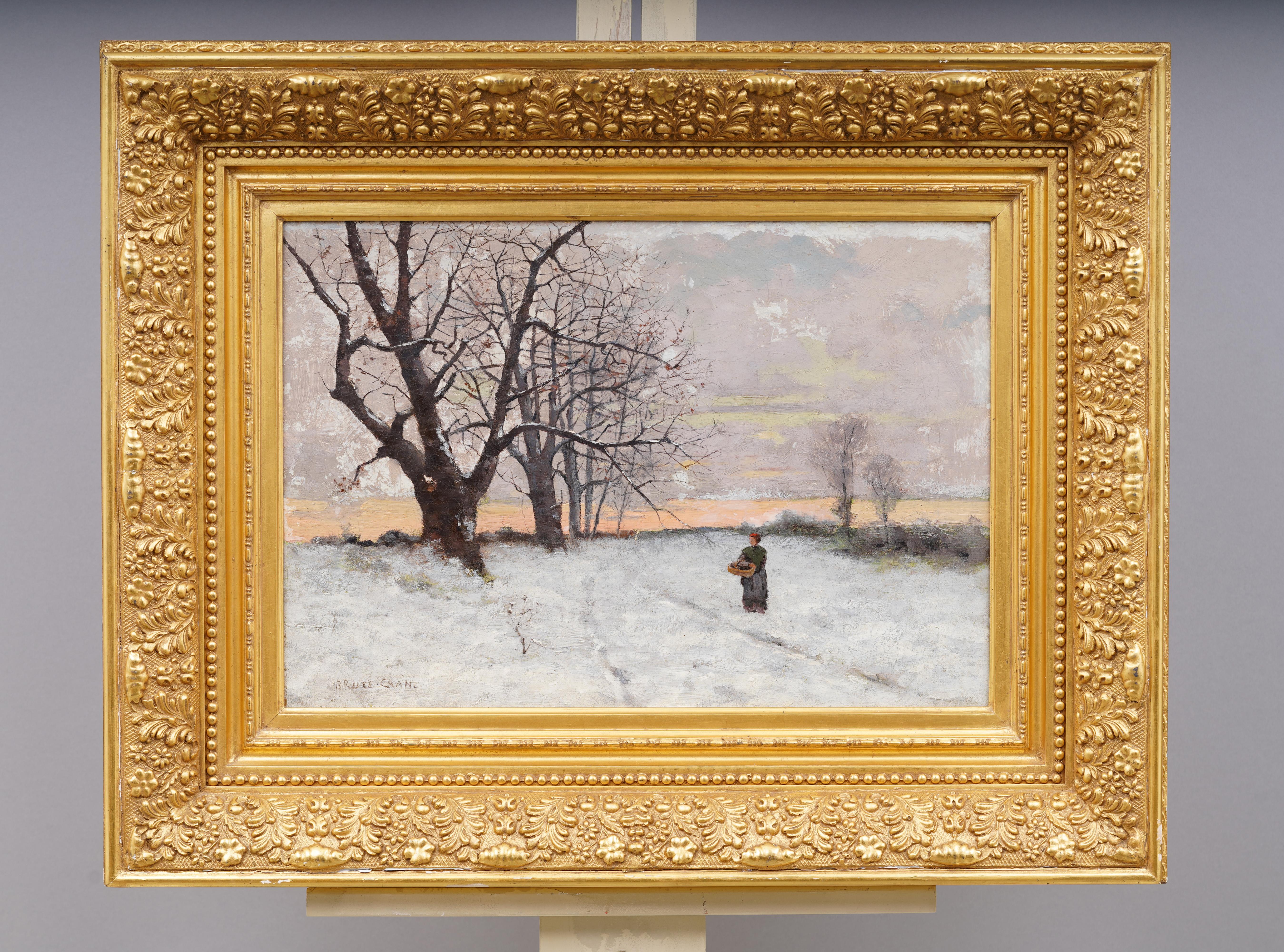 Antike amerikanische impressionistische Winterlandschaft, signiertes gerahmtes Ölgemälde – Painting von Bruce Crane