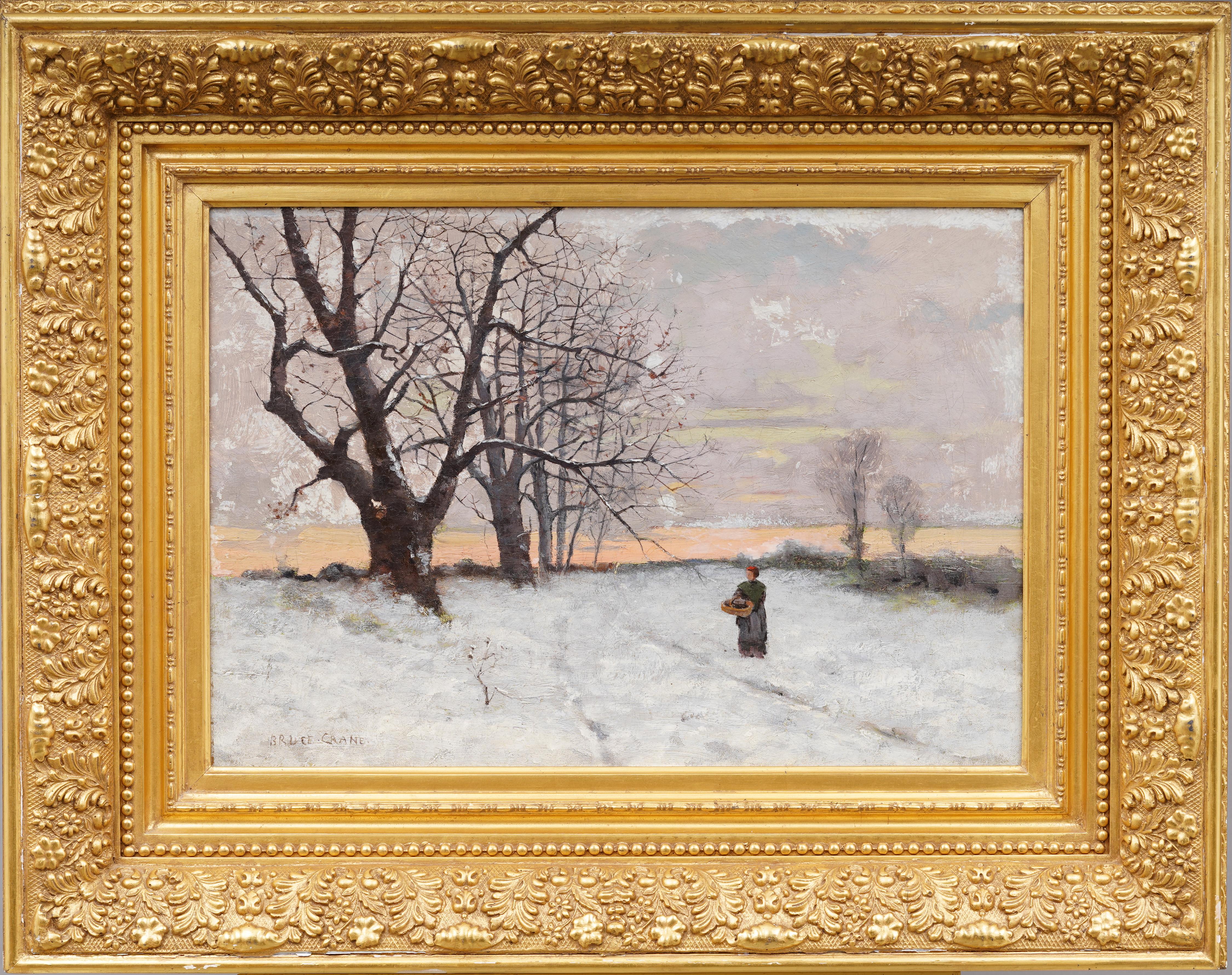 Antique American Impressionist Winter Landscape Signed Framed Oil Painting For Sale 1
