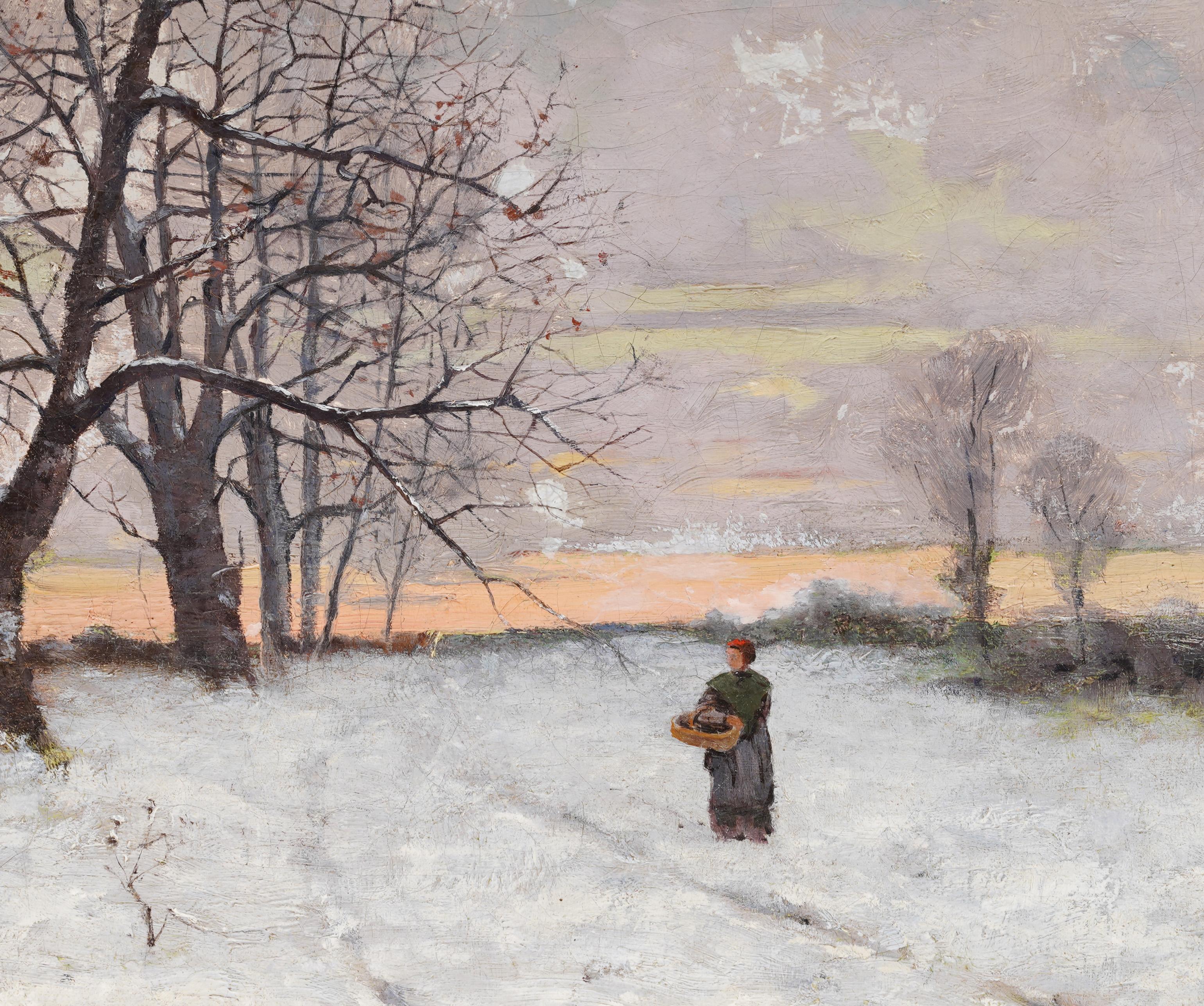 Antique American Impressionist Winter Landscape Signed Framed Oil Painting For Sale 4